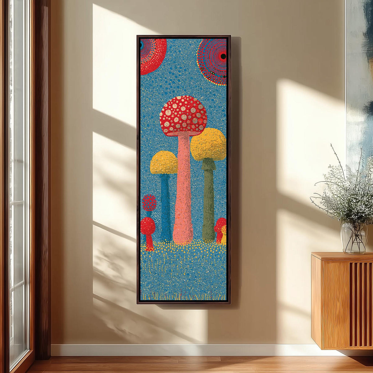 Mushrooms in a blue speckled meadow long vertical canvas print in a sunlit living space