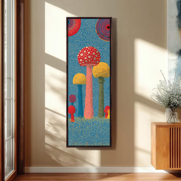 Mushrooms in a blue speckled meadow long vertical canvas print in a sunlit living space