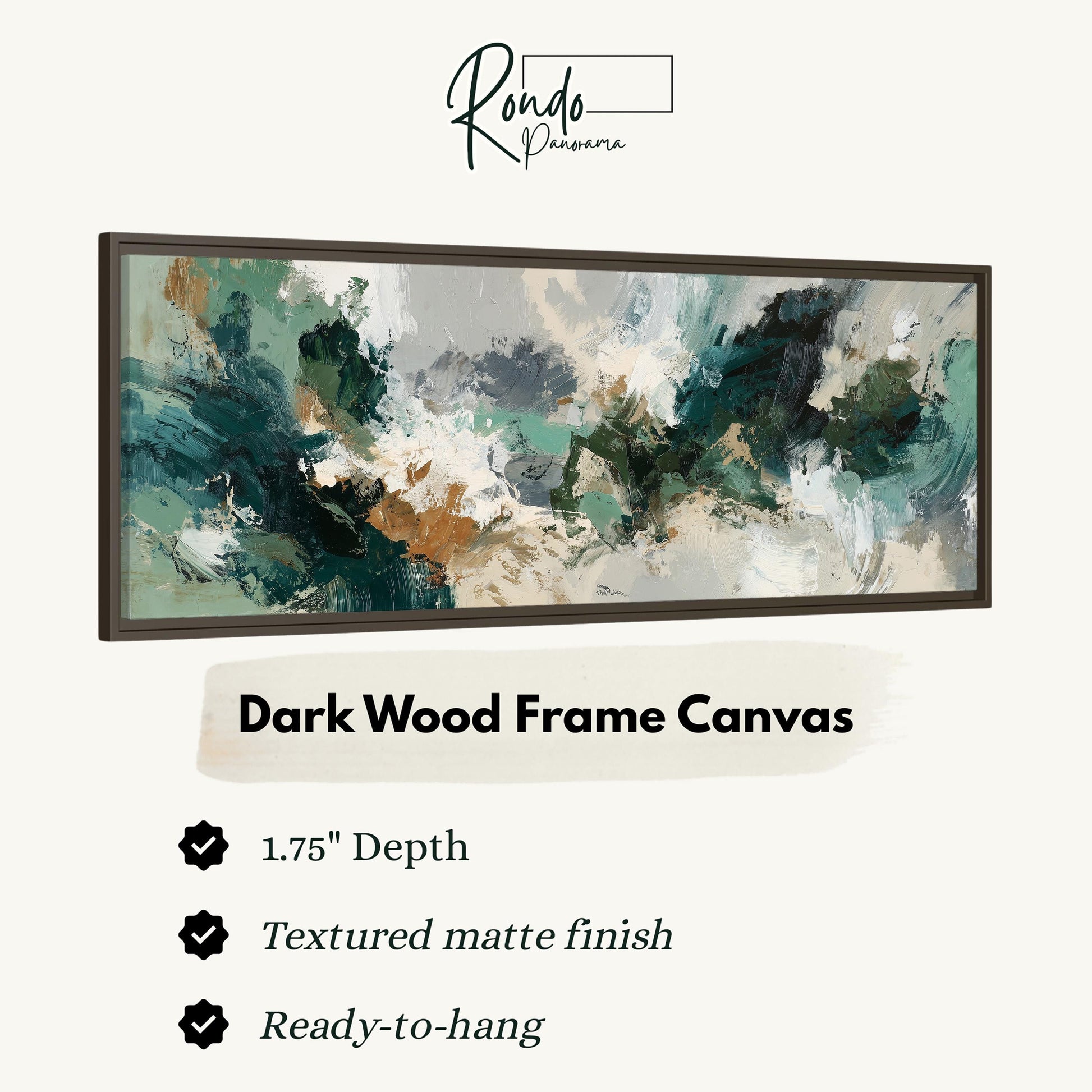 The image is a product advertisement for a dark wood frame canvas. It features a large abstract painting with a mix of green, blue, and brown colors. The advertisement highlights the canvas's features, including its 1.75" depth, textured matte finish, and the ability to hang it.
