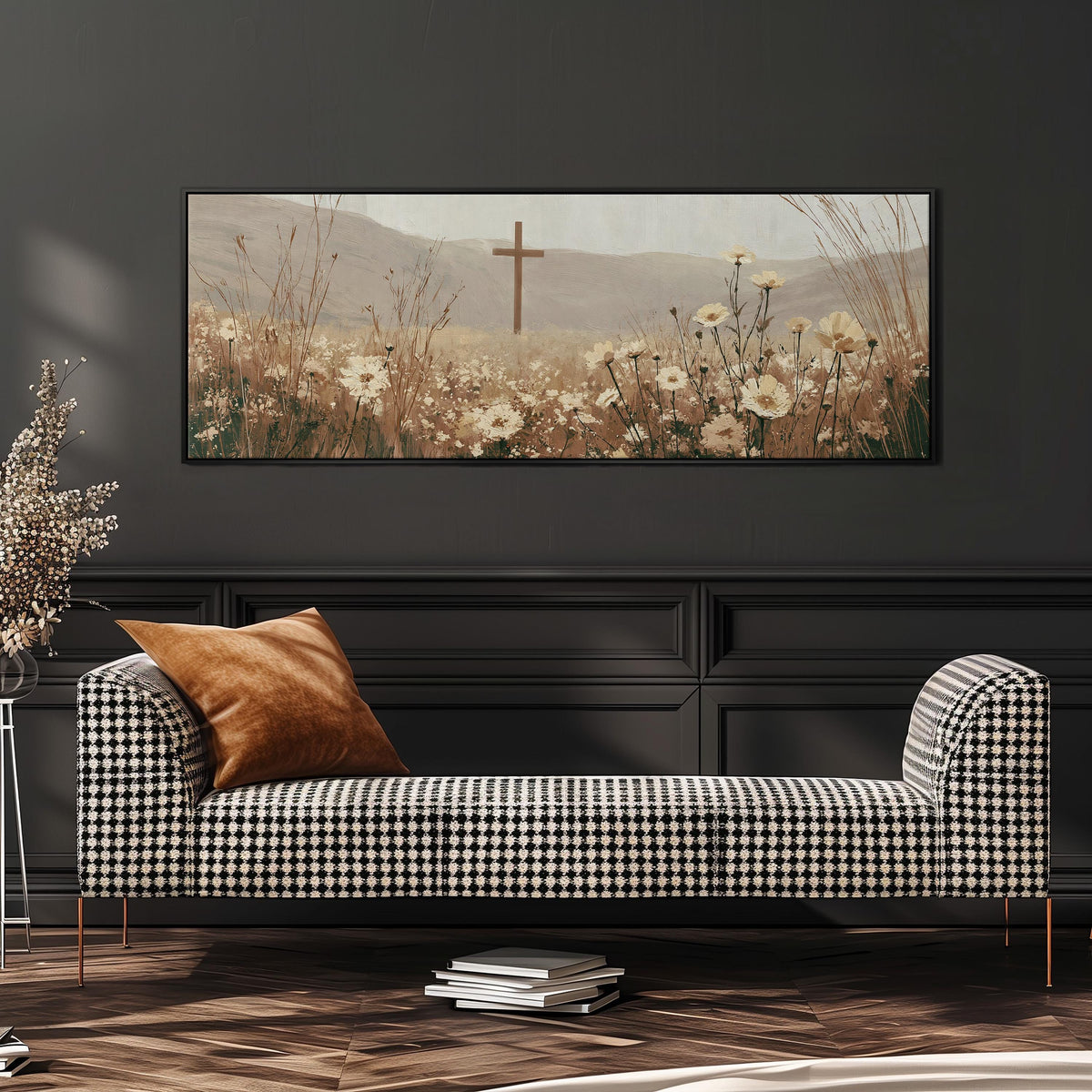 Wooden cross in a cream wildflower field wide panoramic canvas print above a bench in a dark living room