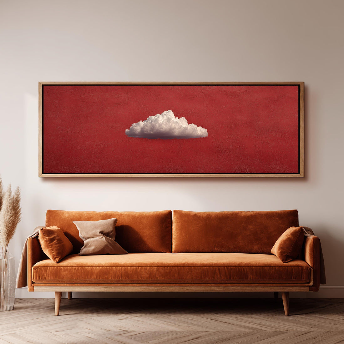 a black and white checkered sofa with a brown throw pillow, set against a dark wall with a framed artwork of a cloud on it.
