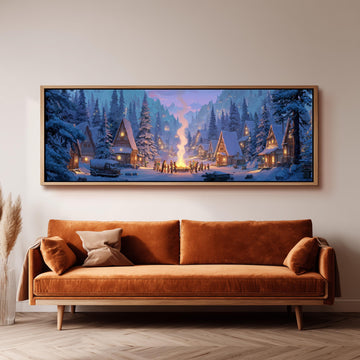 a large, framed painting of a snowy village scene hanging on a wall above a brown sofa.