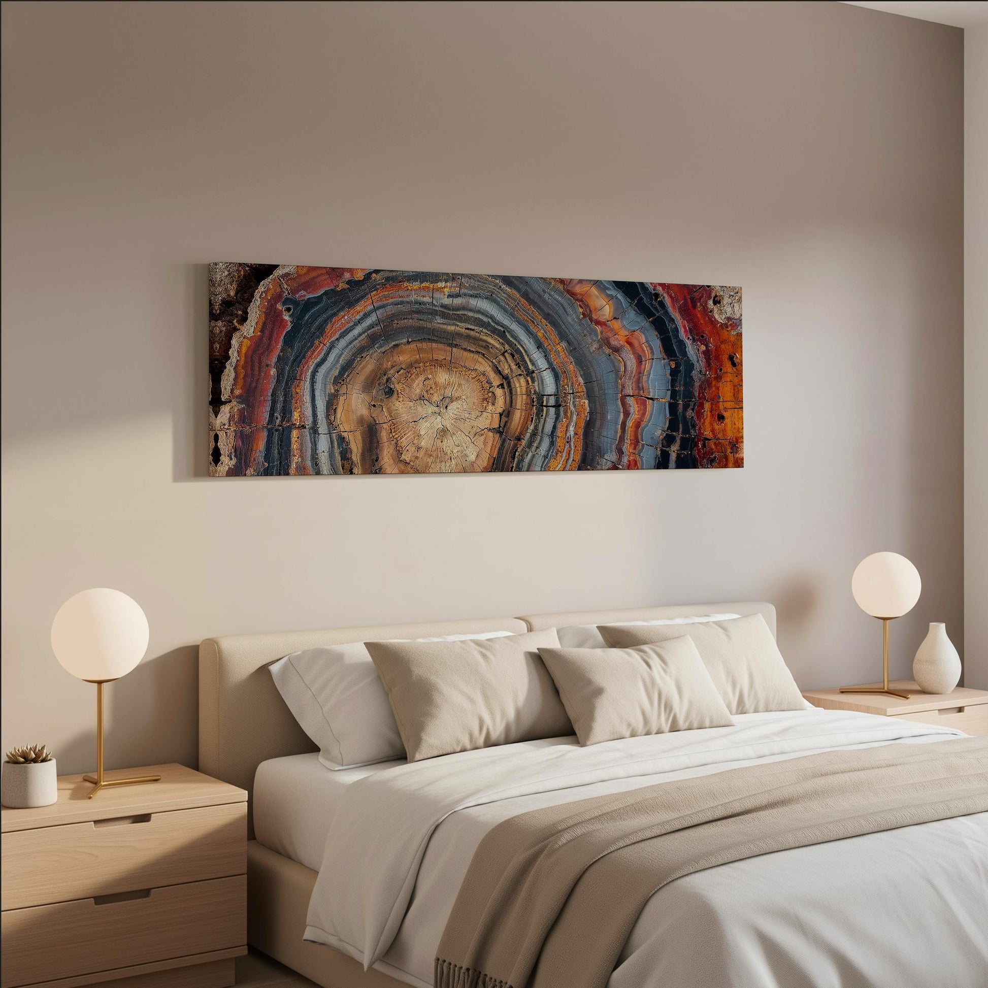 a modern bedroom with a large bed, two nightstands with lamps, and a colorful abstract painting hanging above the bed.