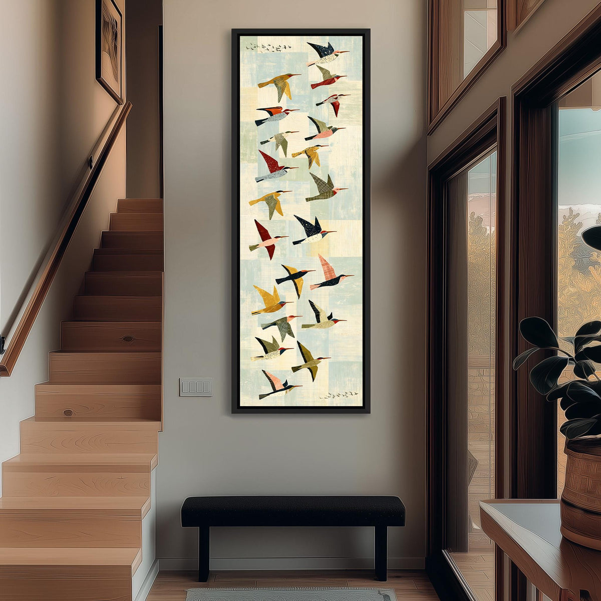 Collage of colorful birds in flight tall narrow canvas print beside a staircase in an entryway