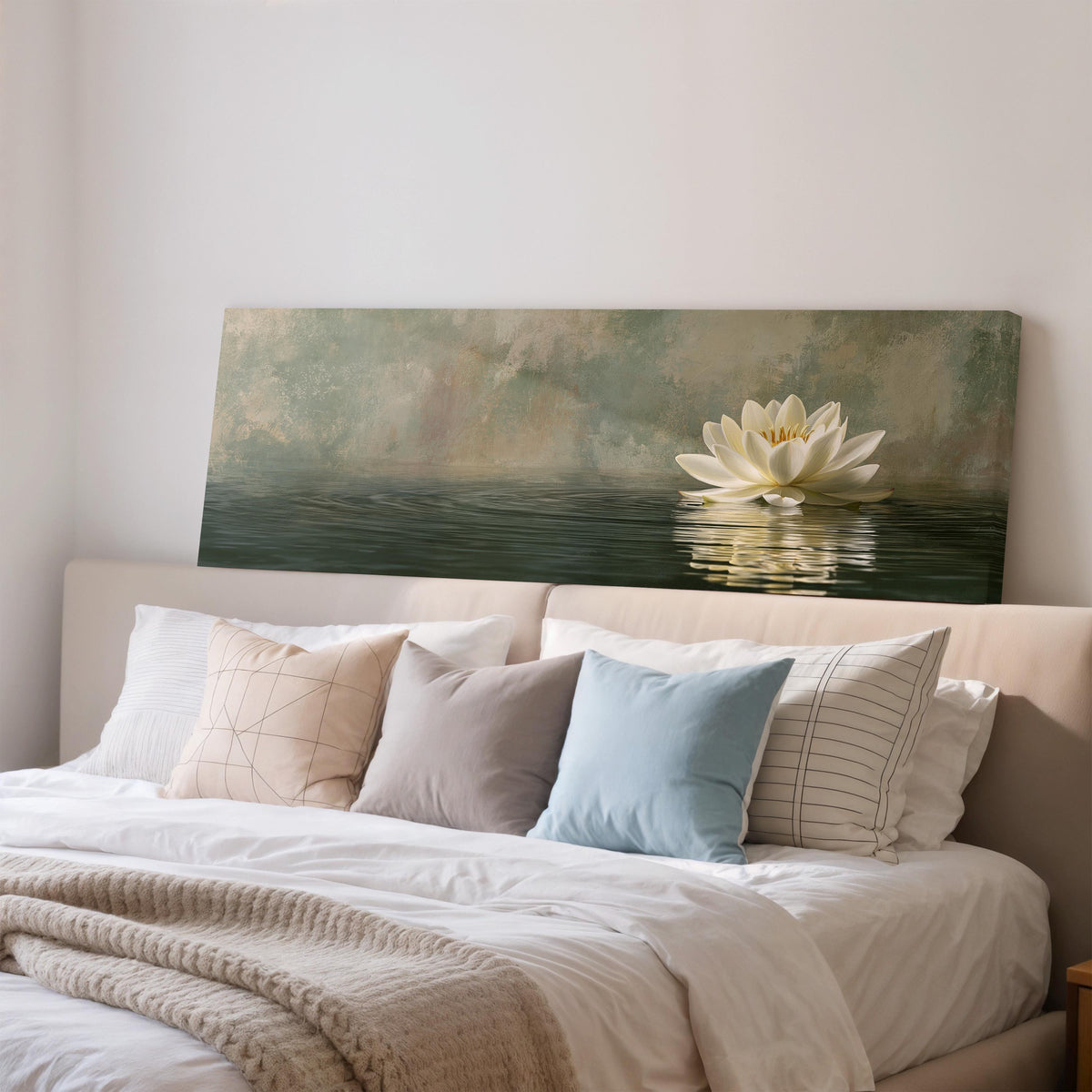 White water lily in soft mist wide panoramic canvas print above a bed in a bedroom