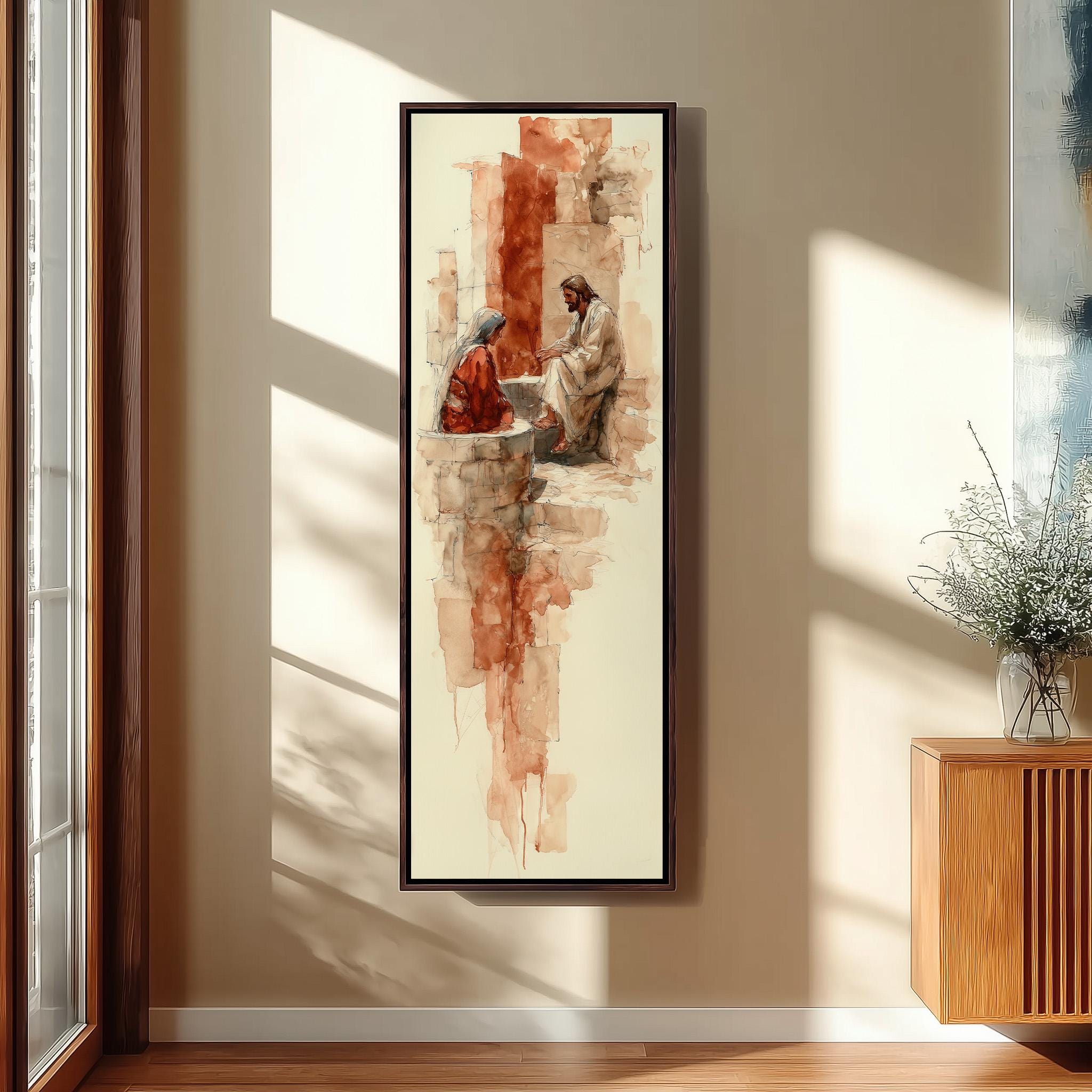 a large framed painting hanging on a wall, depicting a man and a woman sitting together.