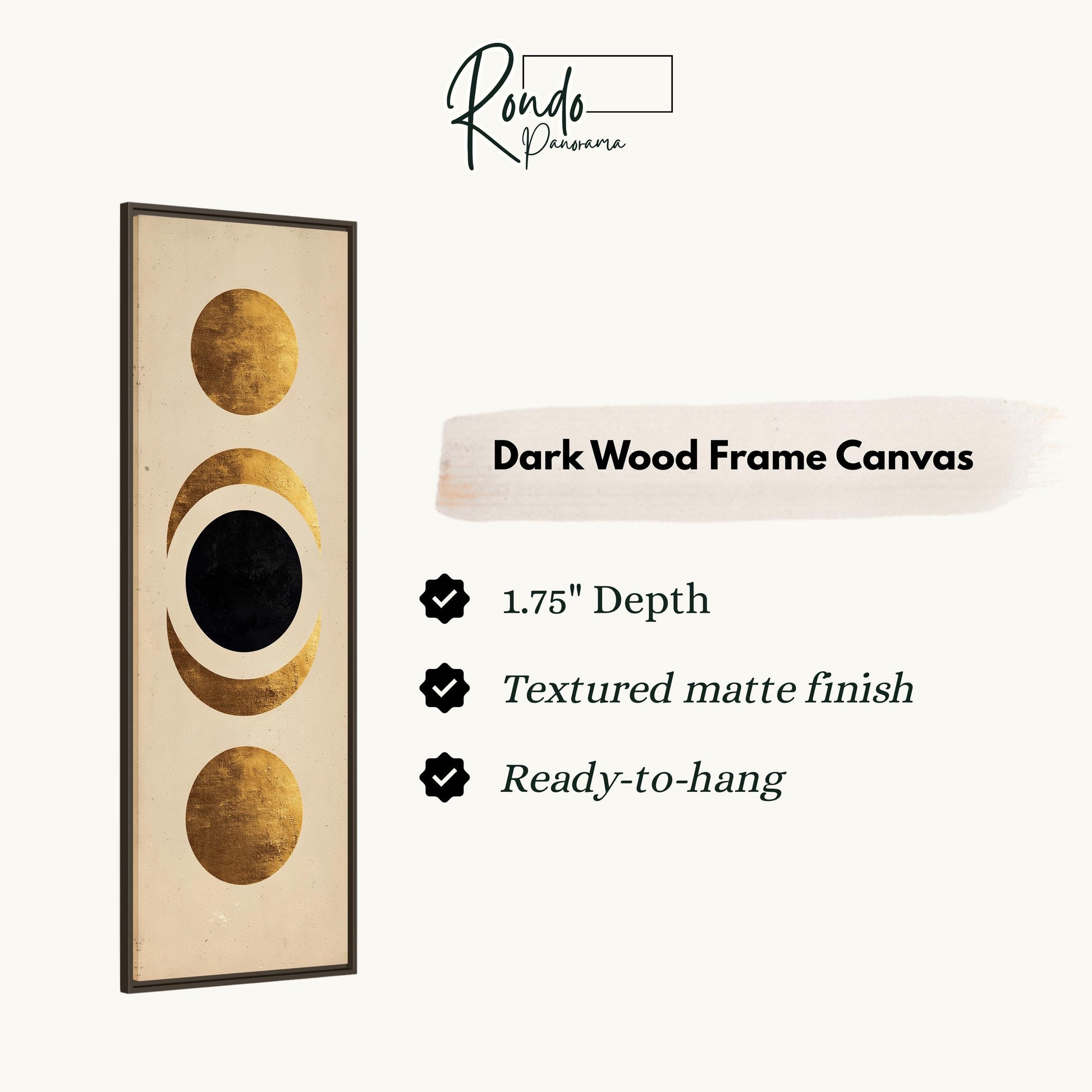 The image is a product description for a dark wood frame canvas. It features a gold and black design with three circles, one of which is a crescent moon. The canvas has a 1.75" depth, is textured with a matte finish, and is ready to hang.