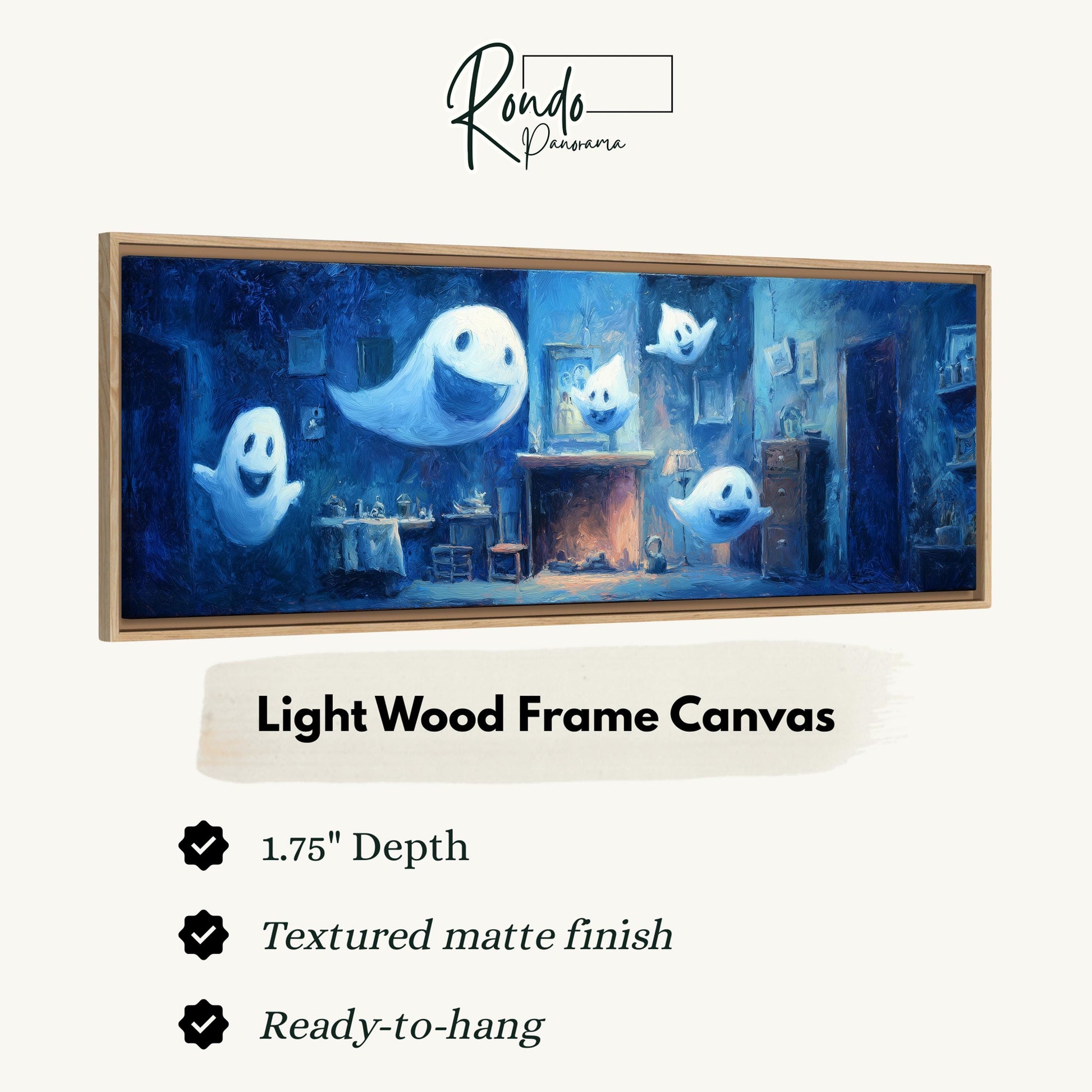 The image is a painting of a room with a light wood frame, featuring a variety of ghostly figures in the background.