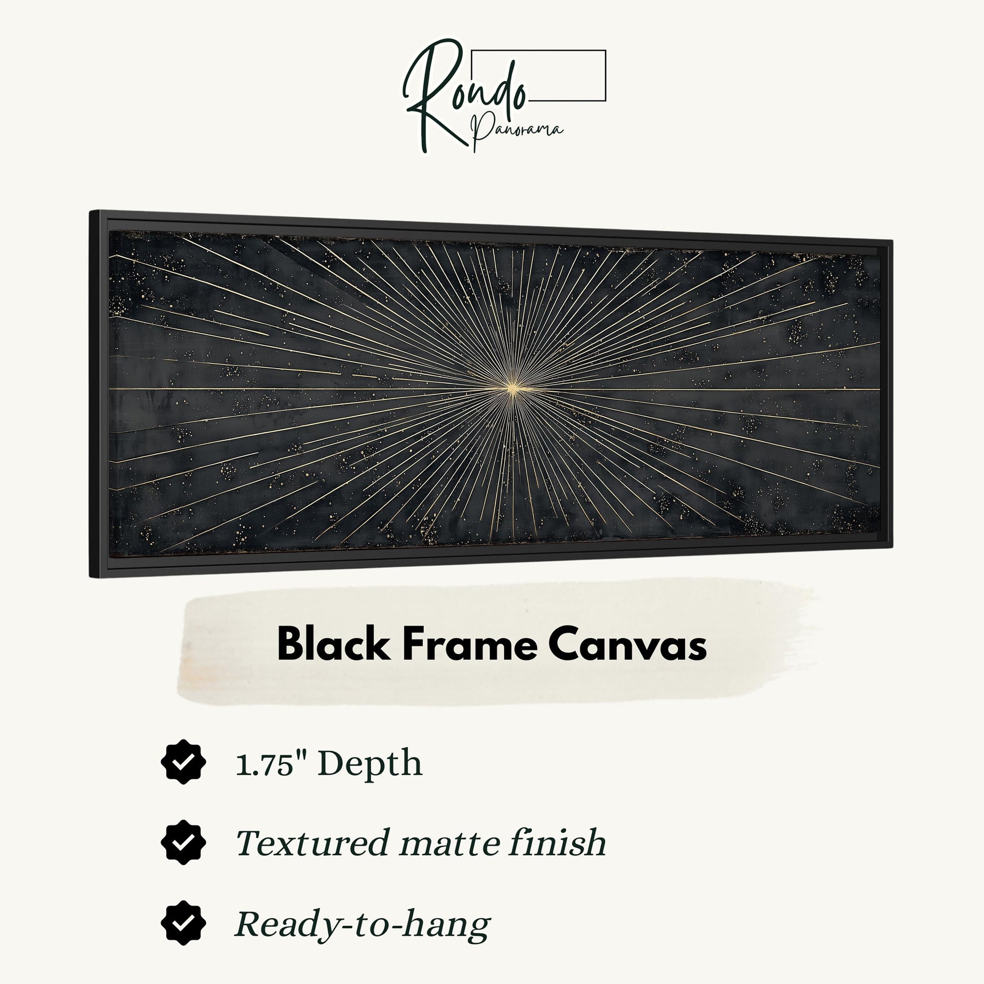 a black frame canvas with a gold starburst design.