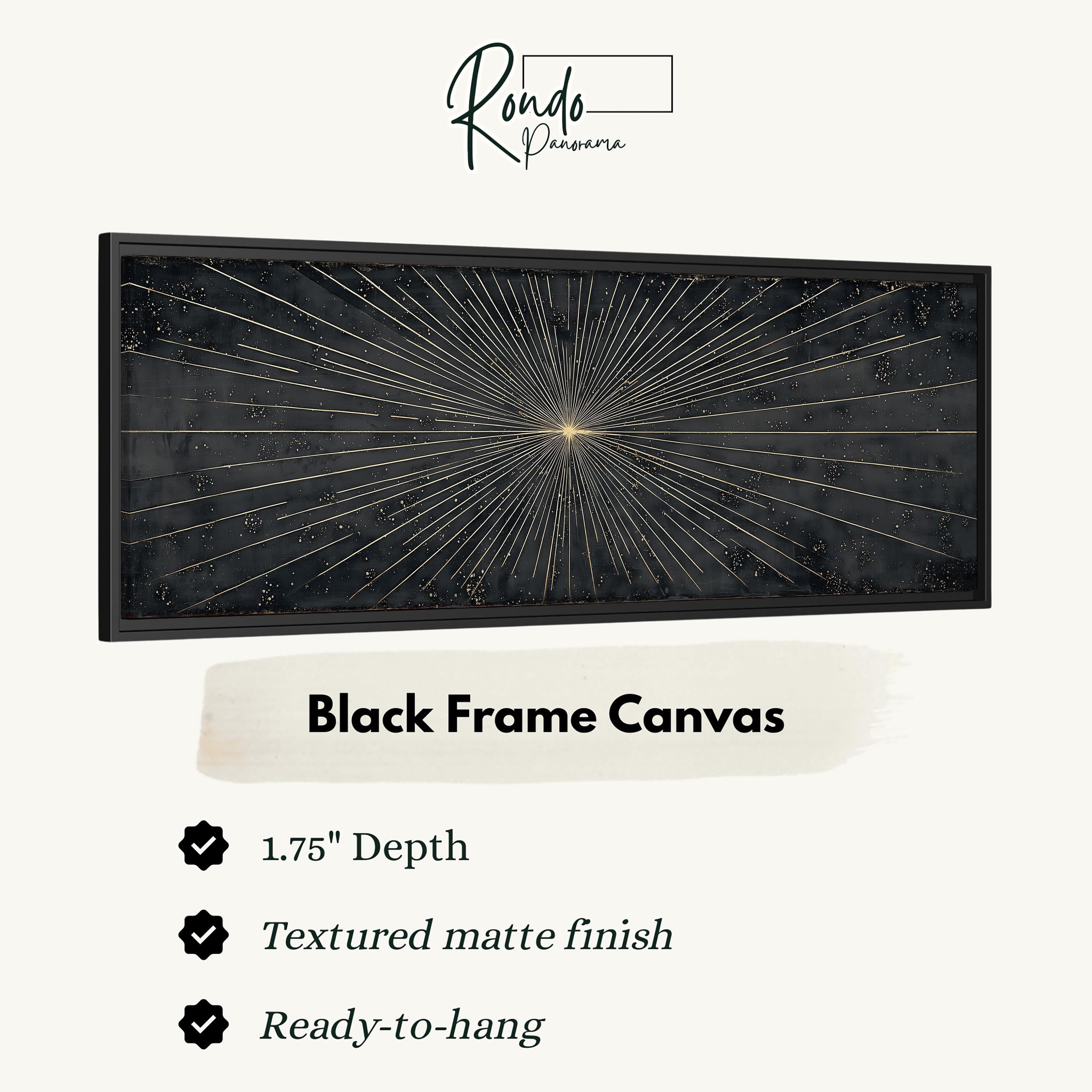 a black frame canvas with a gold starburst design.
