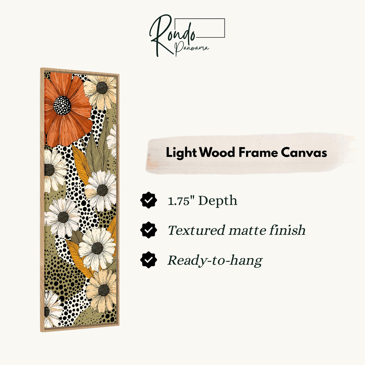 Retro daisies with polka dots canvas print in a light wood floating frame