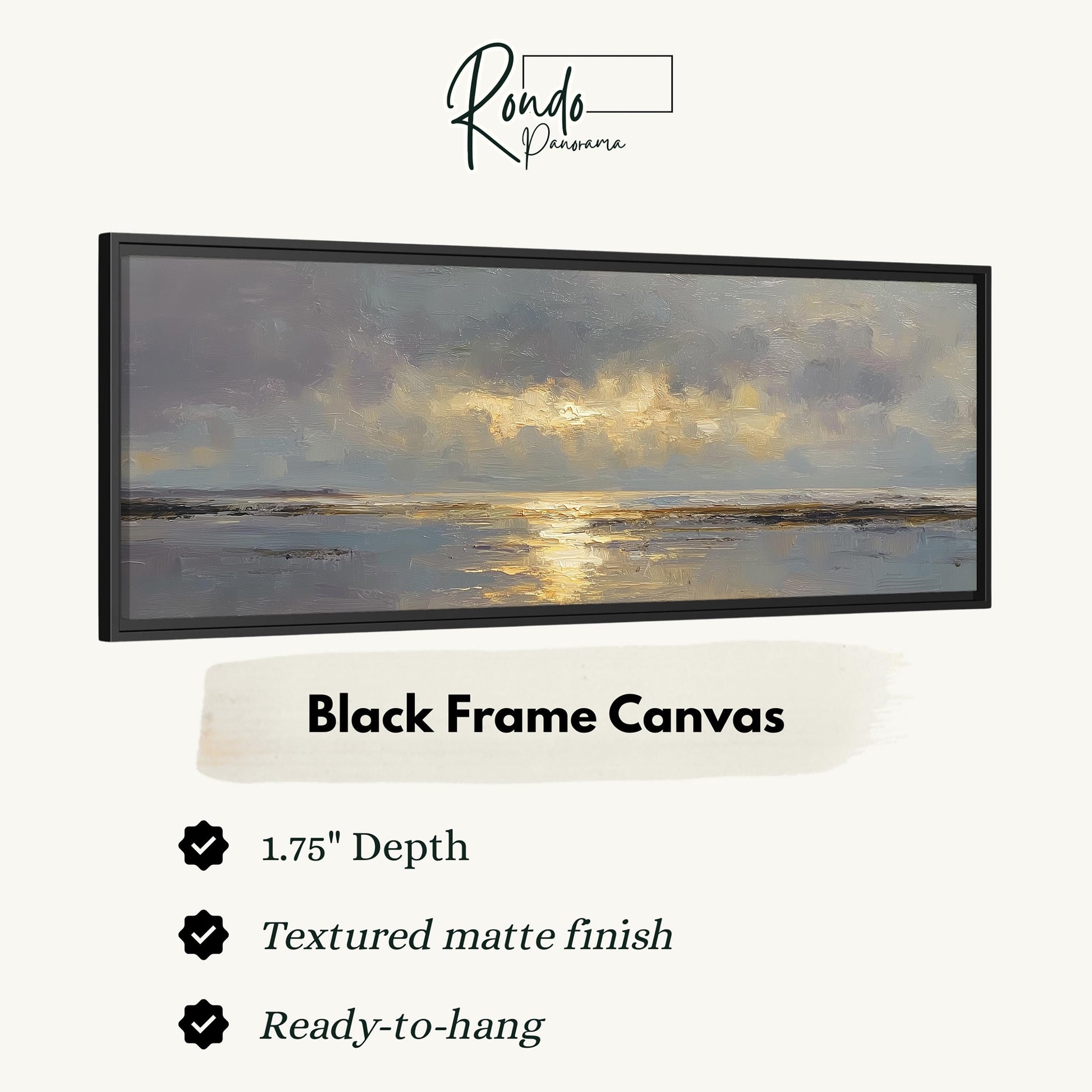 The image is a black frame canvas depicting a serene landscape with a sunset over the ocean.