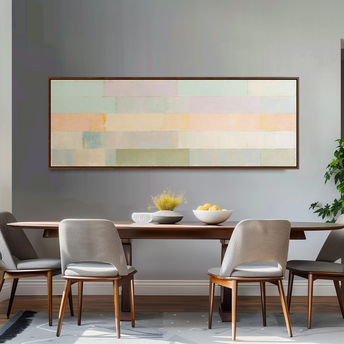 Soft lilac, mint and butter color bands long horizontal canvas print above a dining table