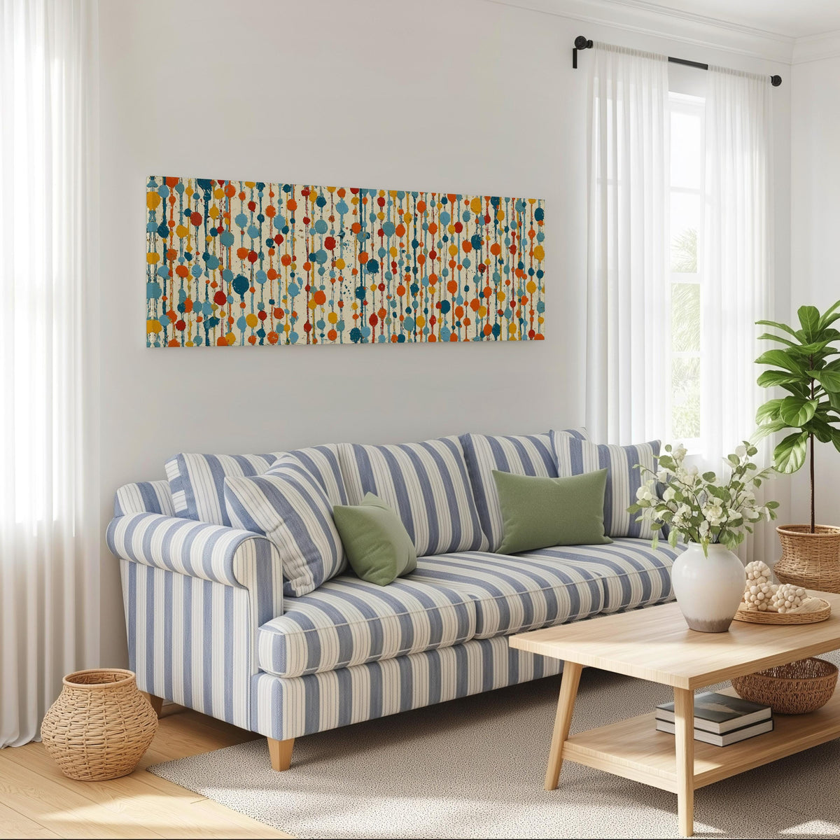Strings of colorful polka dot blooms long horizontal canvas print above a striped sofa in a coastal living room