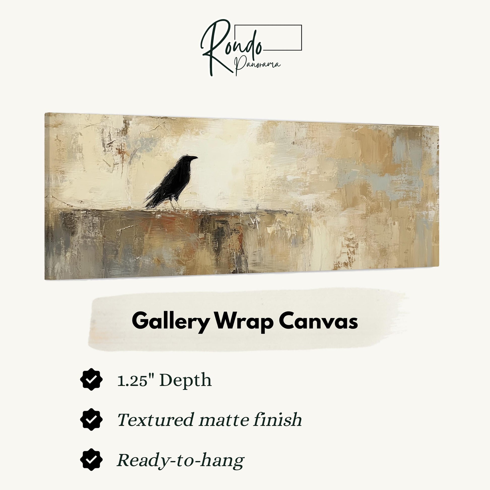 The image is a gallery wrap canvas featuring a black bird perched on a ledge.