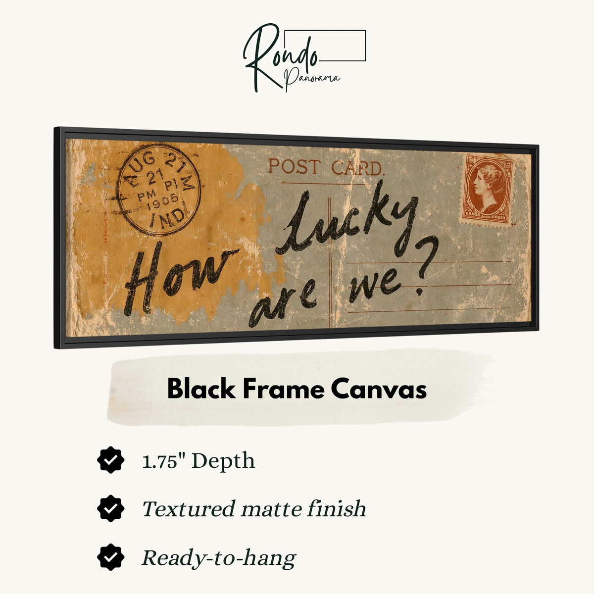 Vintage postcard saying how lucky are we canvas print in a black floating frame