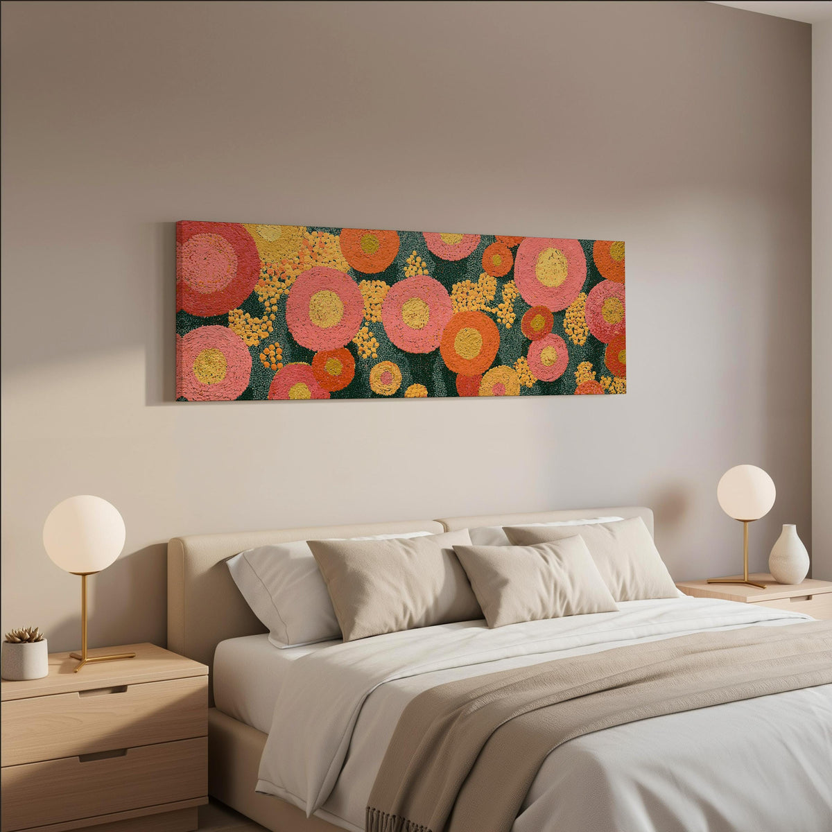 Pink circle blooms wide panoramic canvas print above a bed in a neutral bedroom