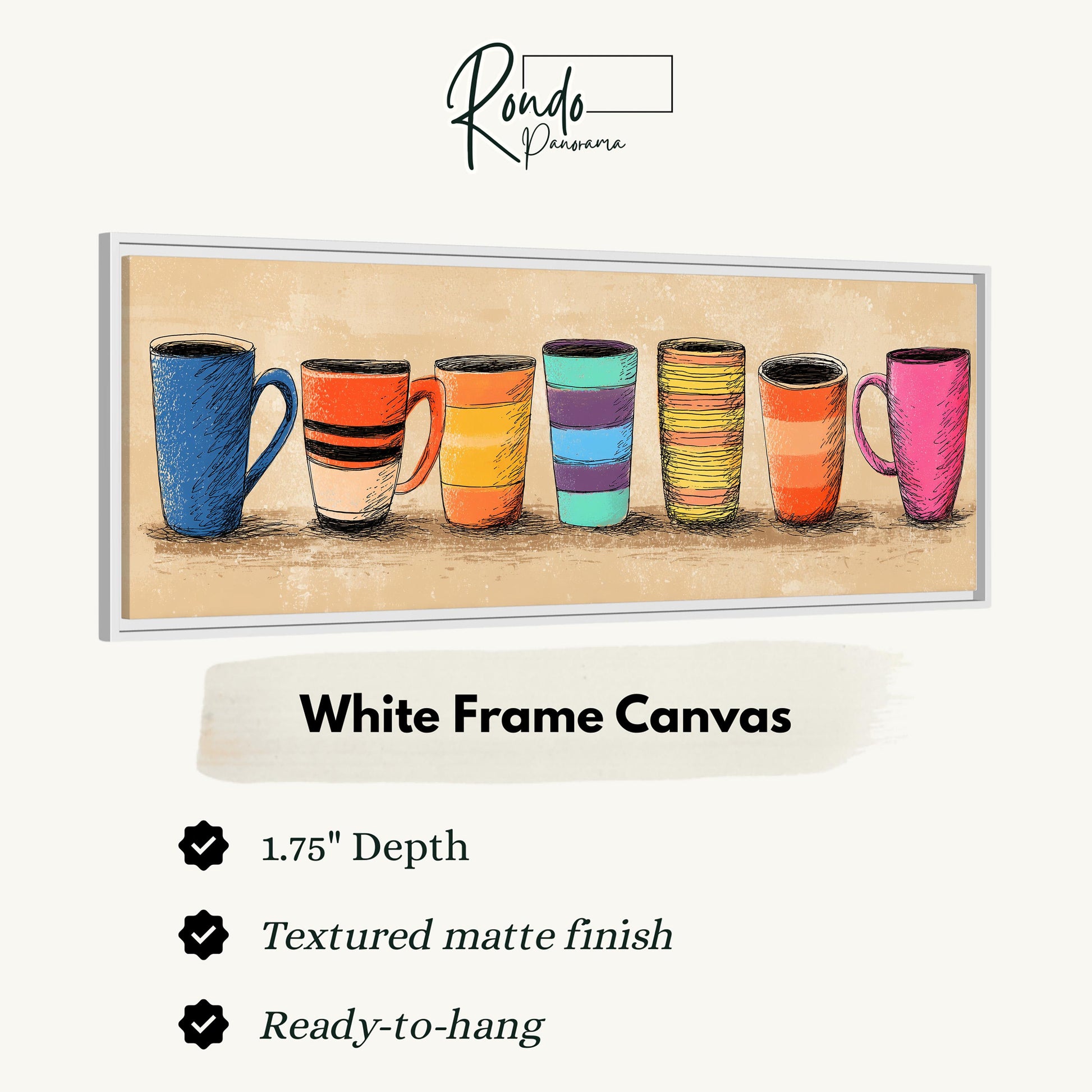 a white frame canvas with a variety of colorful mugs or cups arranged in a row, showcasing a range of colors and designs.