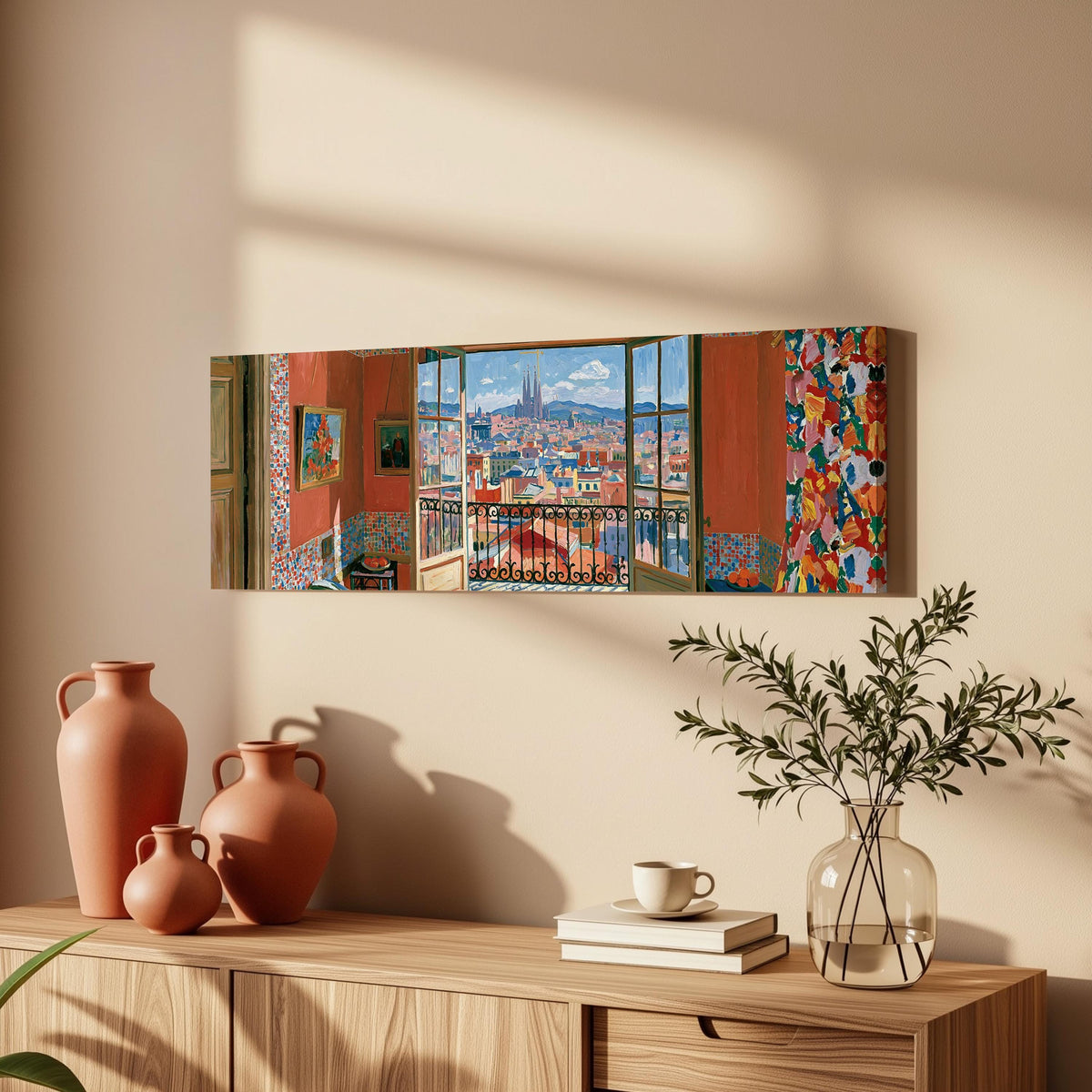 Barcelona seen through an open window long horizontal canvas print above a wooden sideboard