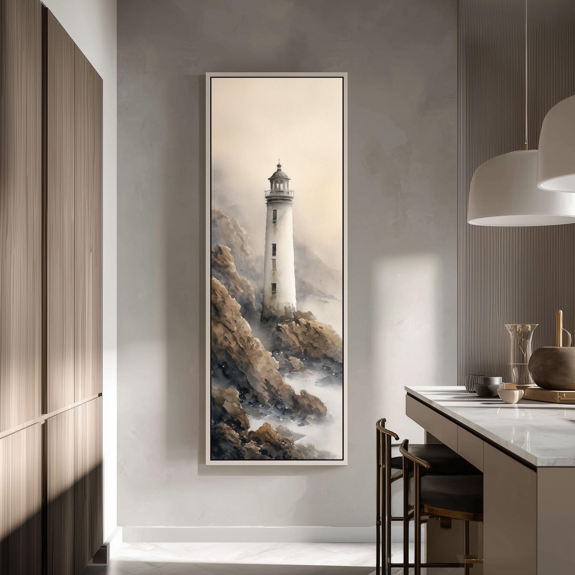 a large framed painting of a lighthouse on a wall, with a serene landscape of fog and rocky terrain in the background.