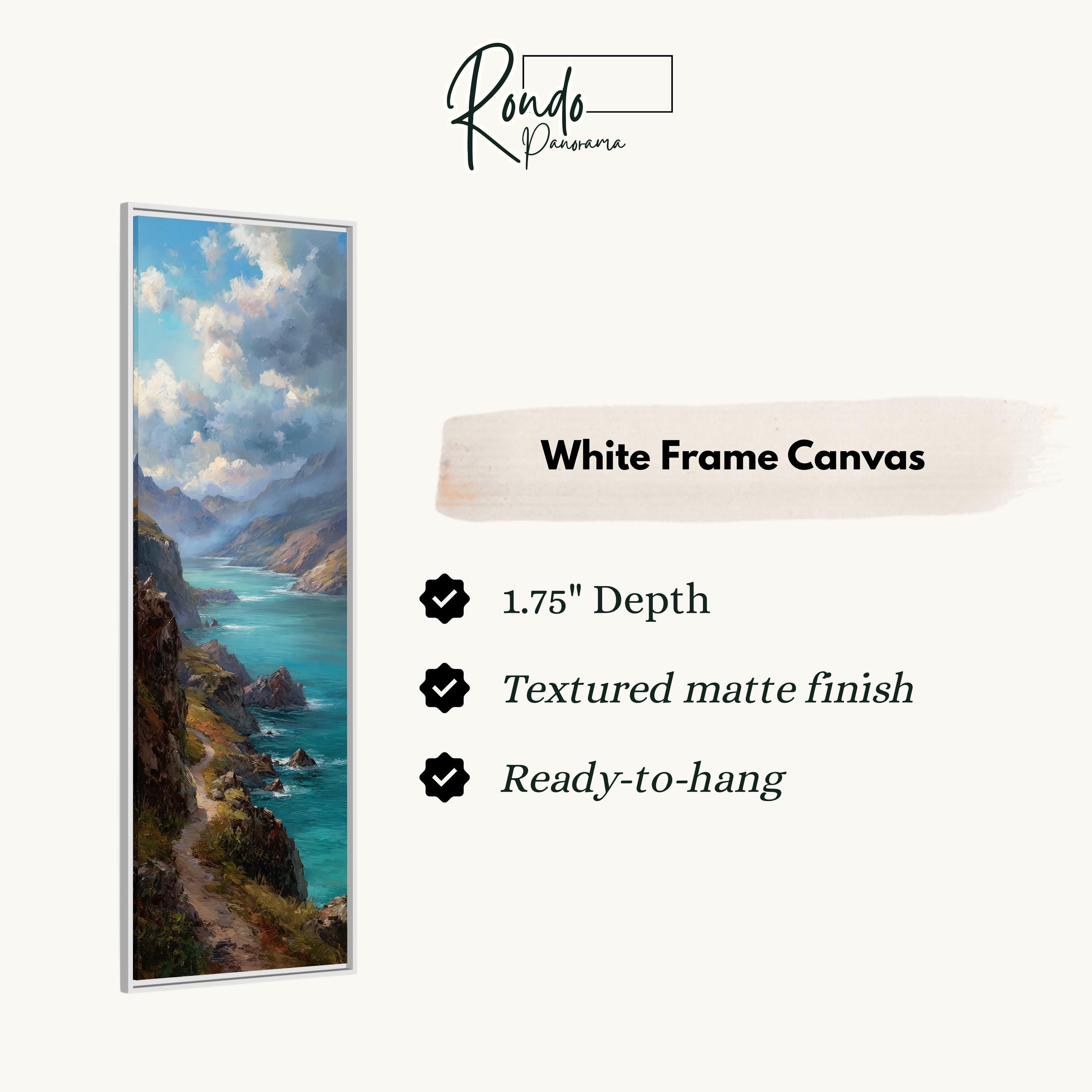 The image is a white frame canvas depicting a scenic landscape with a winding path leading to a body of water.