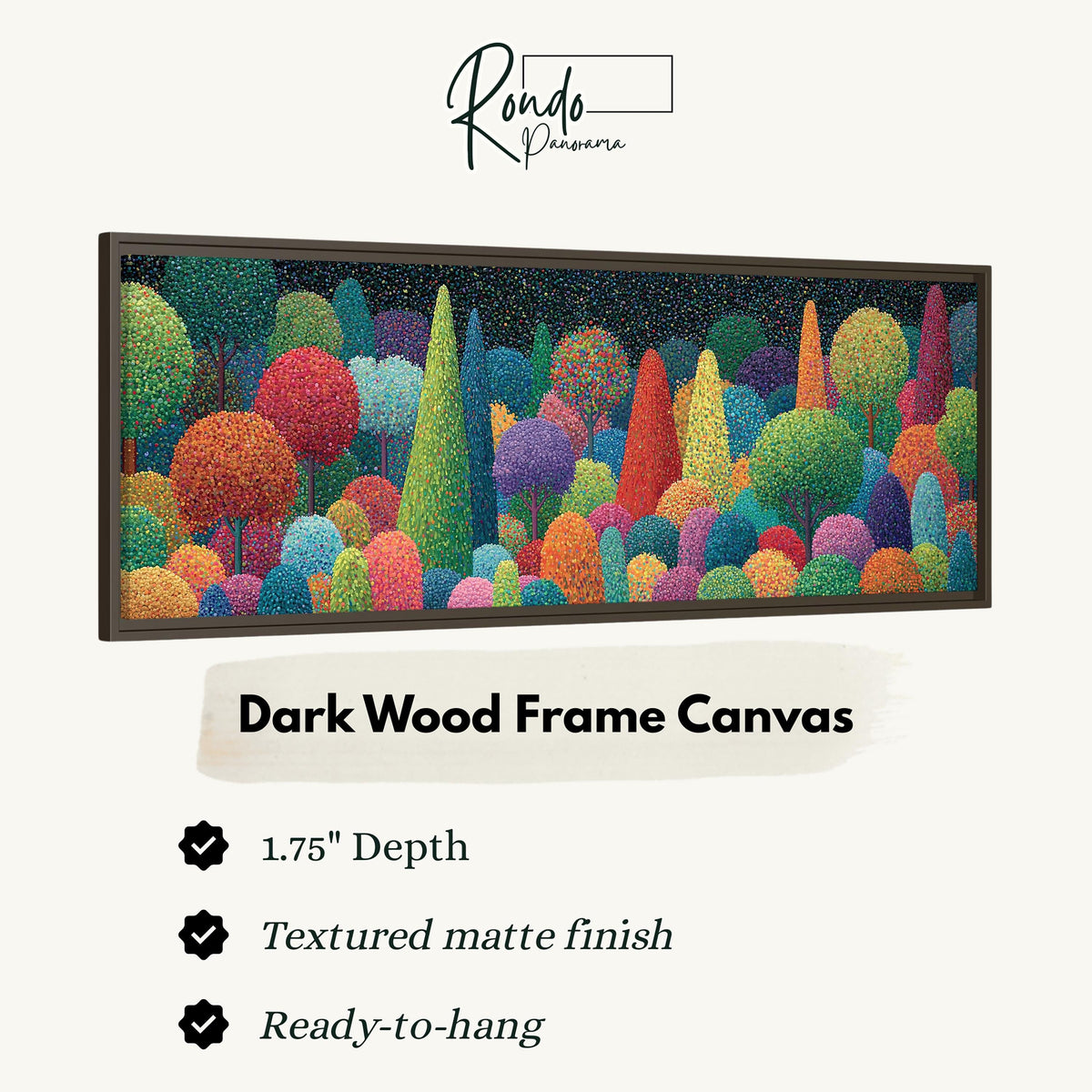 Whimsical rainbow pointillist forest canvas print in a dark wood floating frame