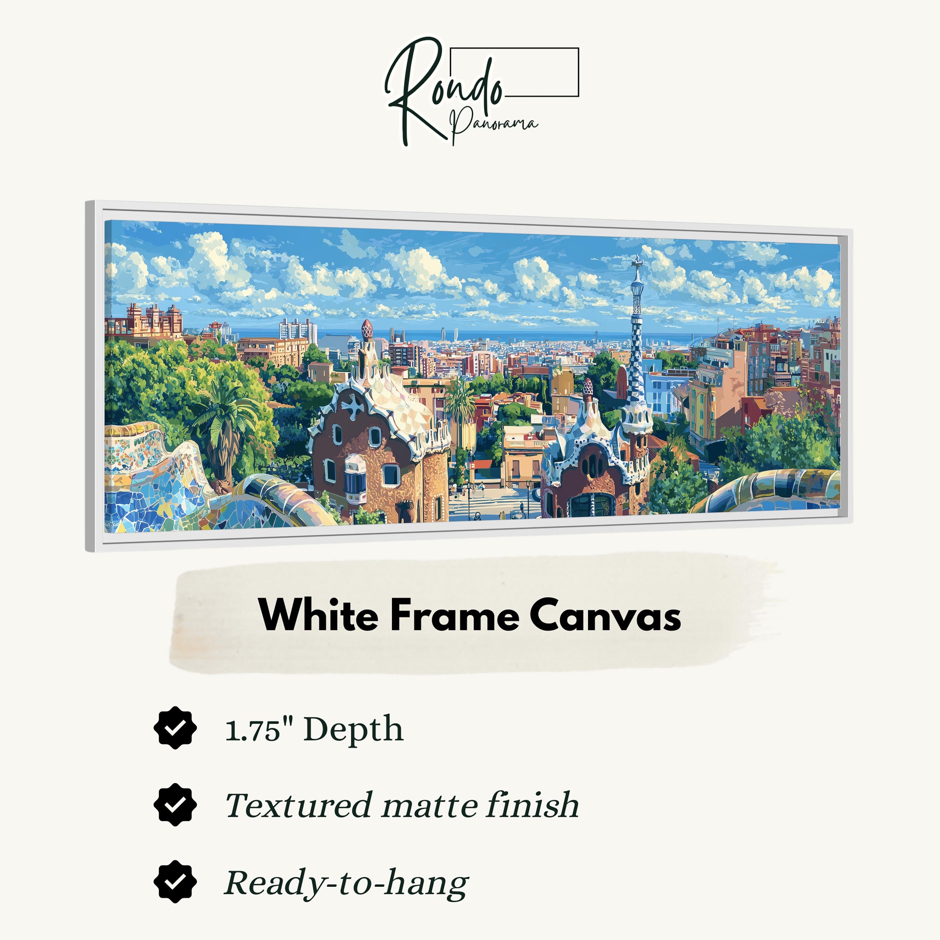 The image is a white frame canvas depicting a cityscape with buildings, trees, and a clear blue sky.