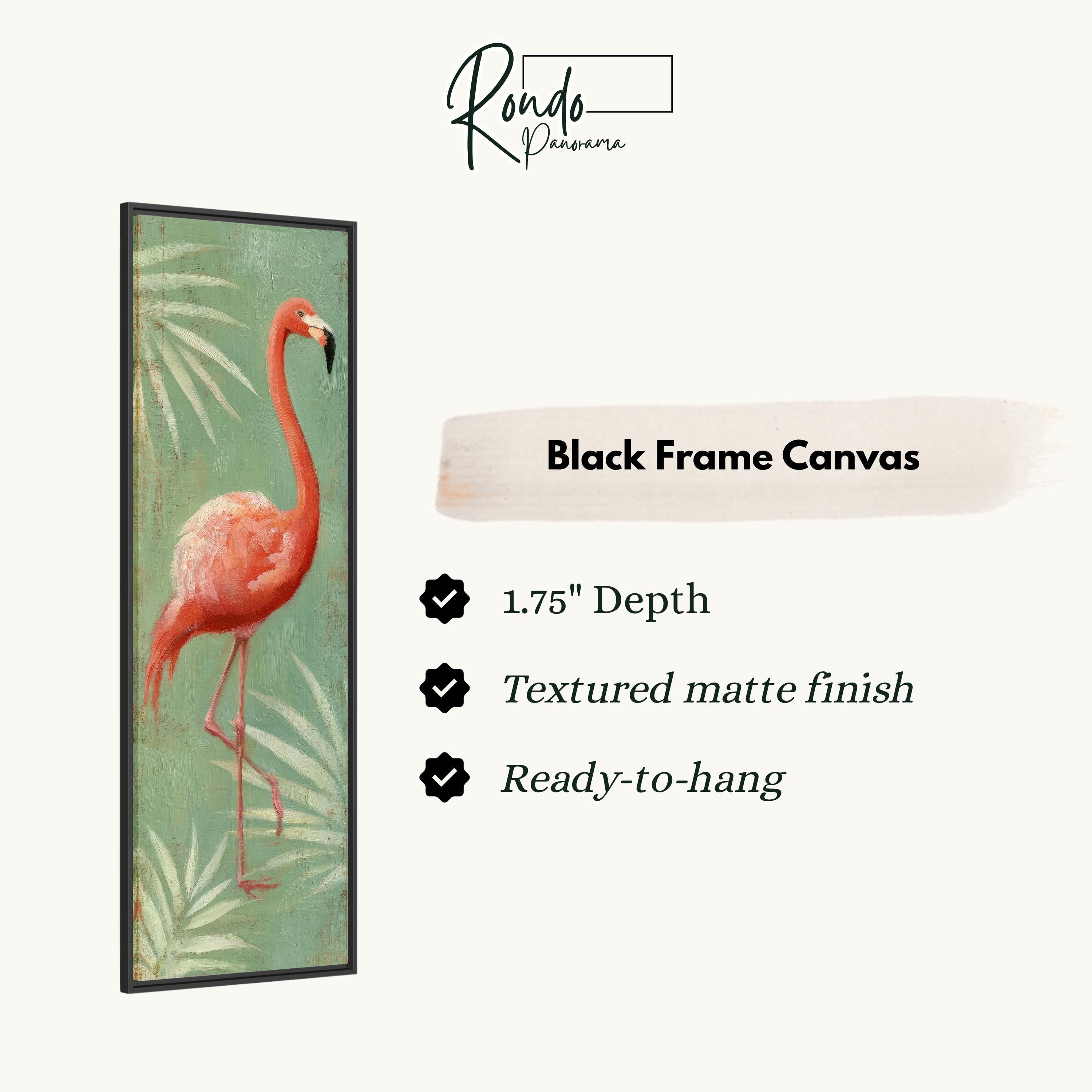 a framed artwork of a flamingo standing on one leg against a green background with palm leaves.