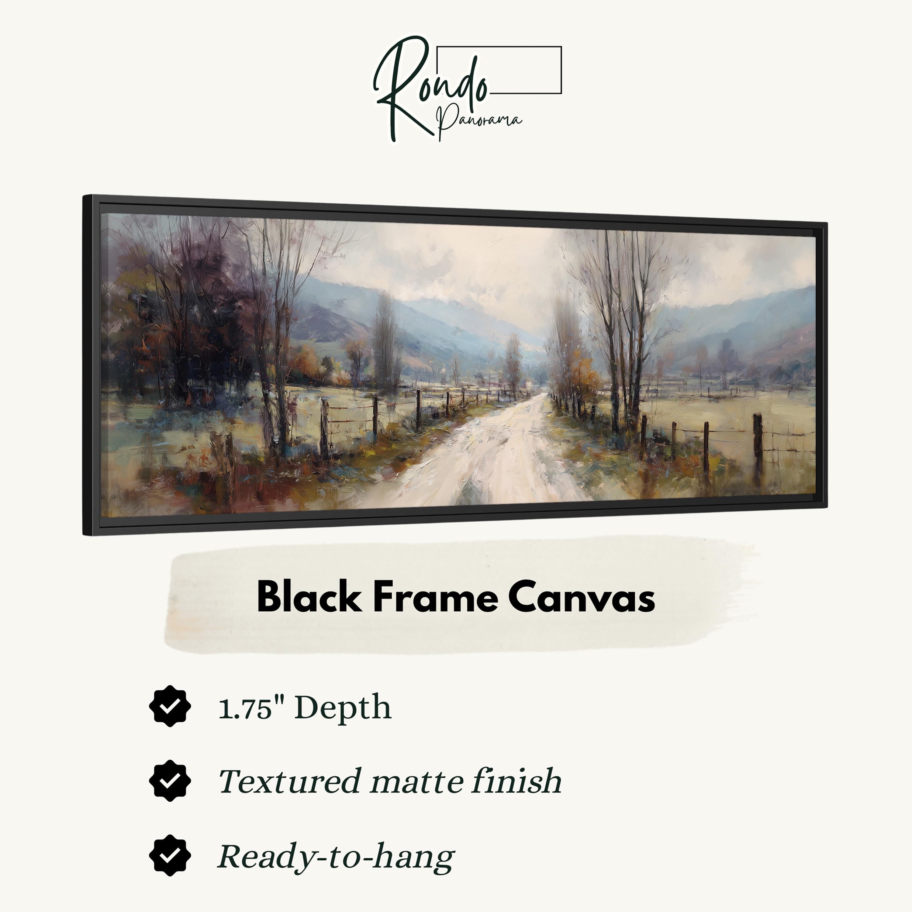 The image is a black frame canvas depicting a rural landscape with a dirt road leading through a field and trees.