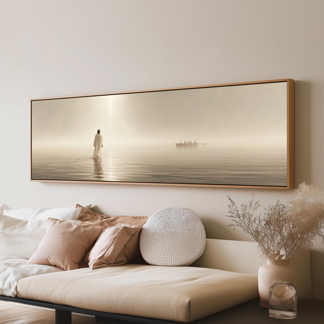 Jesus walking toward a boat on misty water long horizontal canvas print above a sofa in a living room