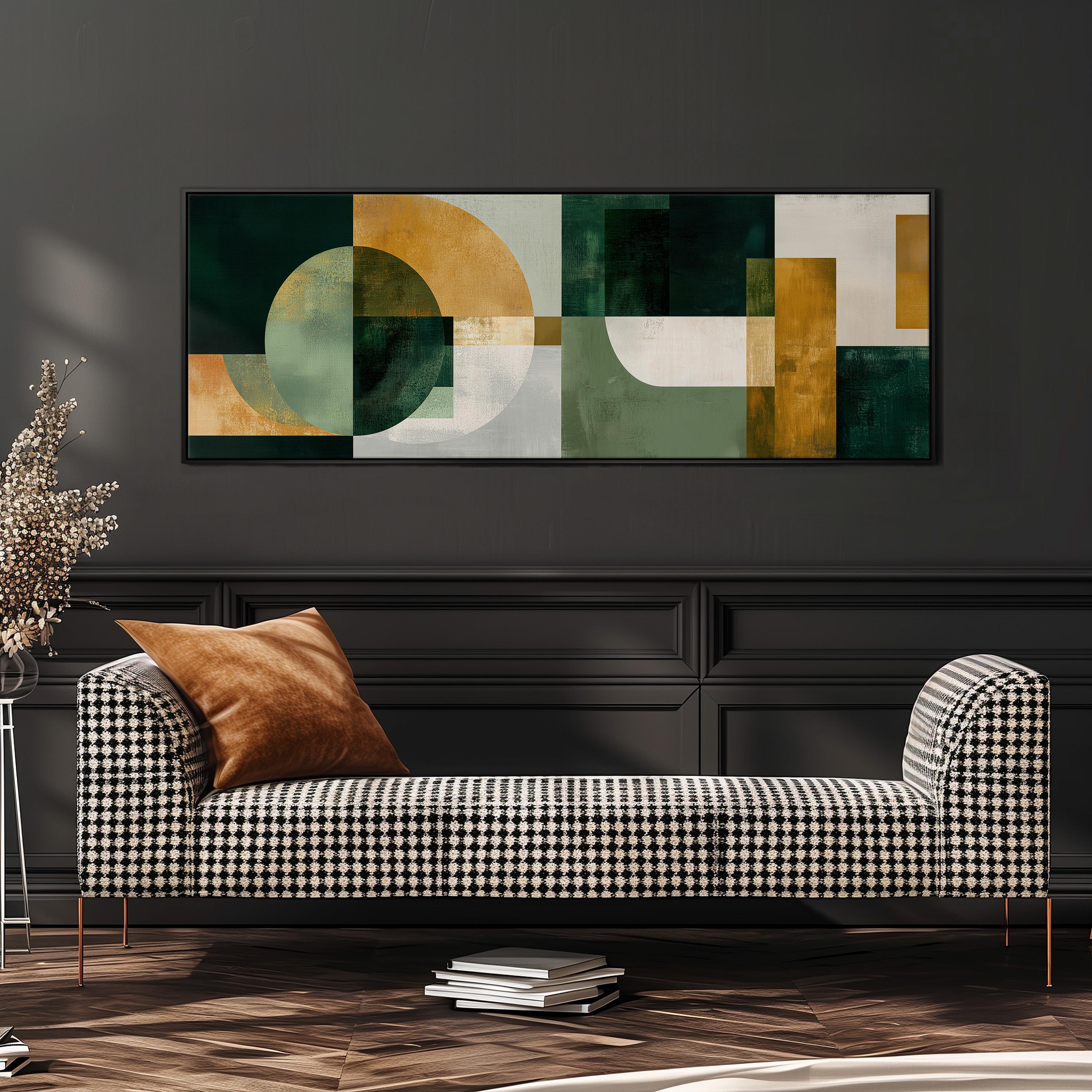 a modern living room with a black and white checkered sofa, a stack of books, and a large abstract painting on the wall.