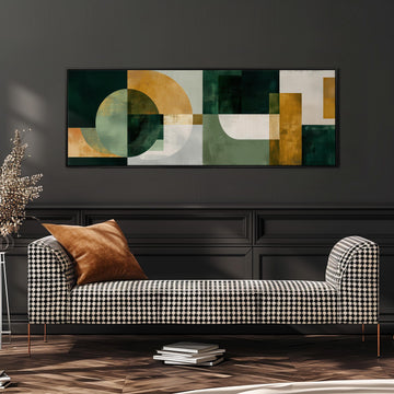 a modern living room with a black and white checkered sofa, a stack of books, and a large abstract painting on the wall.