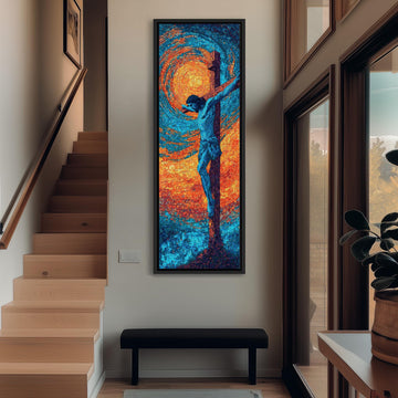 a large, colorful painting of a figure on a cross, hanging on a wall in a hallway.