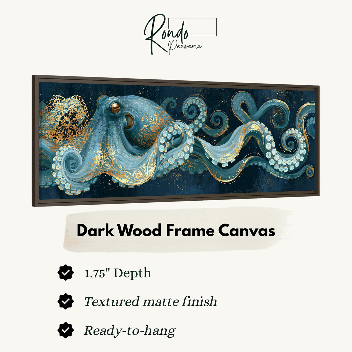 Blue and gold octopus canvas print in a dark wood floating frame