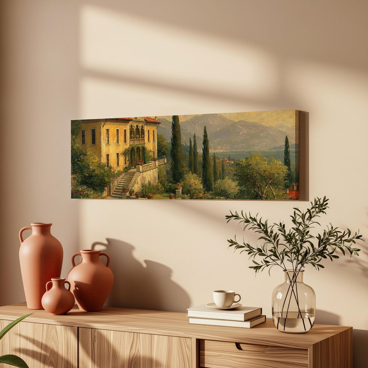 Tuscan villa among cypress hills long horizontal canvas print above a wooden sideboard