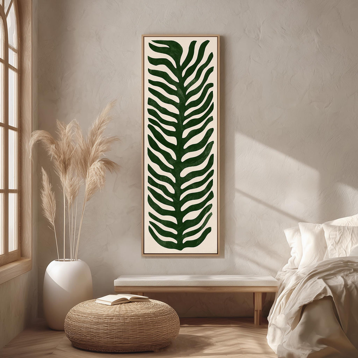 Stylized dark green fern leaf long vertical canvas print in a bright reading corner