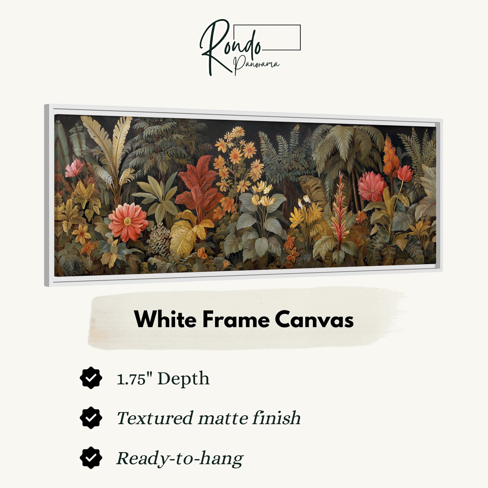The image is a framed artwork depicting a lush, tropical garden scene with various plants and flowers.