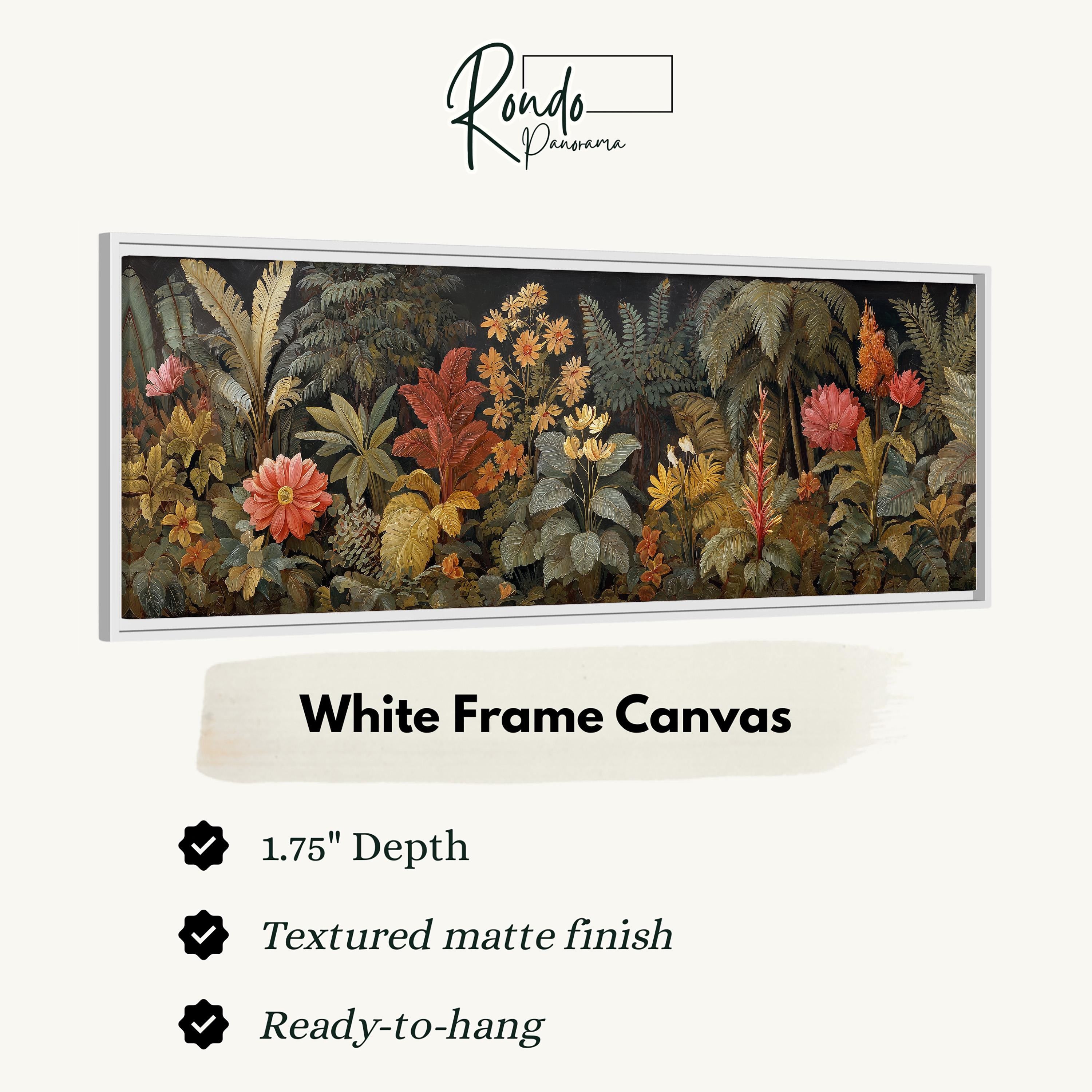 The image is a framed artwork depicting a lush, tropical garden scene with various plants and flowers.
