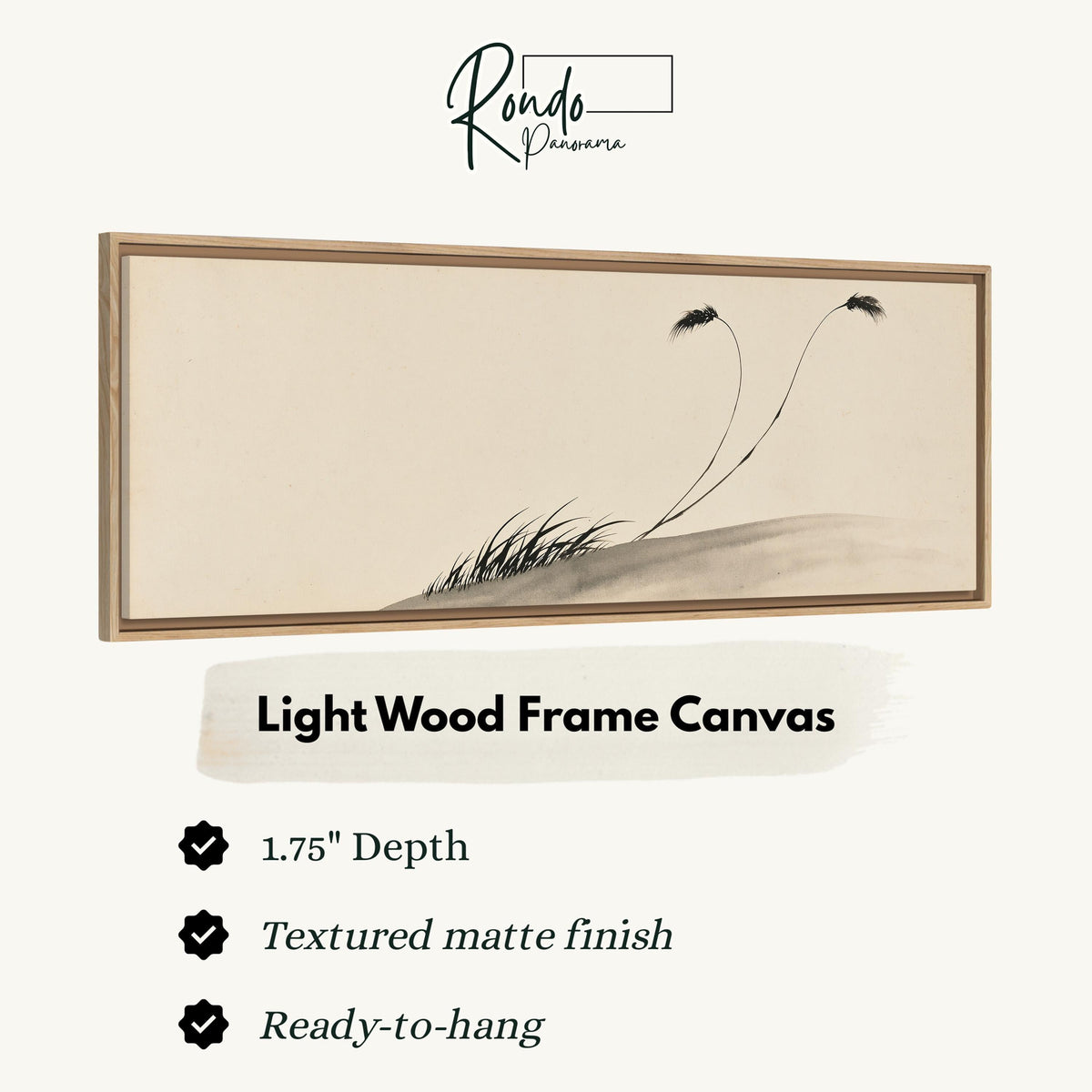 Two birds perched on bending ink reeds canvas print in a light wood floating frame
