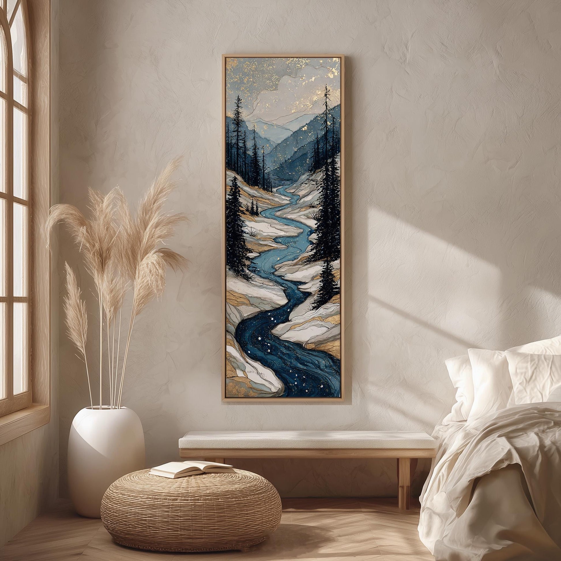 a serene indoor setting with a large painting of a winding river, a potted plant, a bench, and a bed with white bedding.