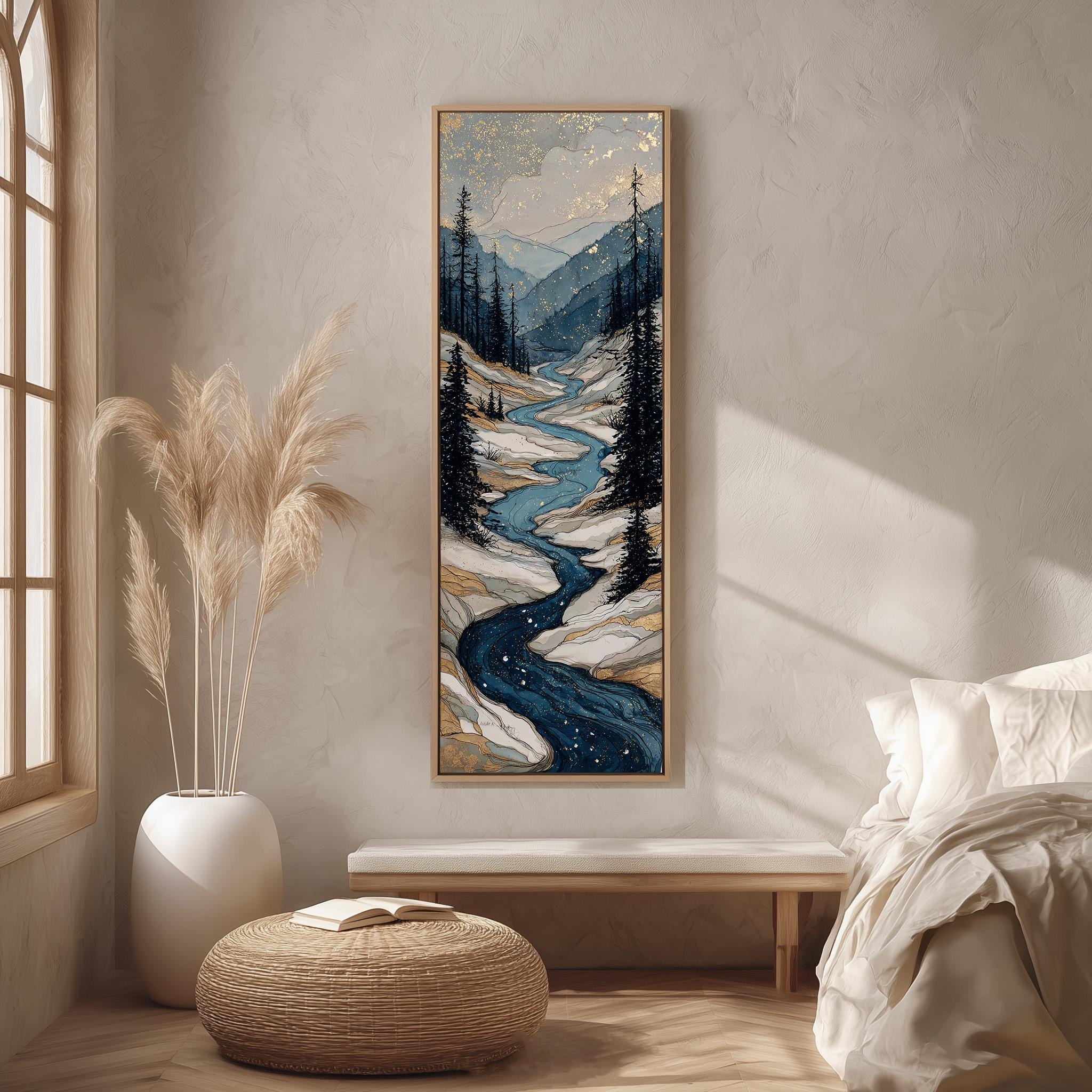a serene indoor setting with a large painting of a winding river, a potted plant, a bench, and a bed with white bedding.