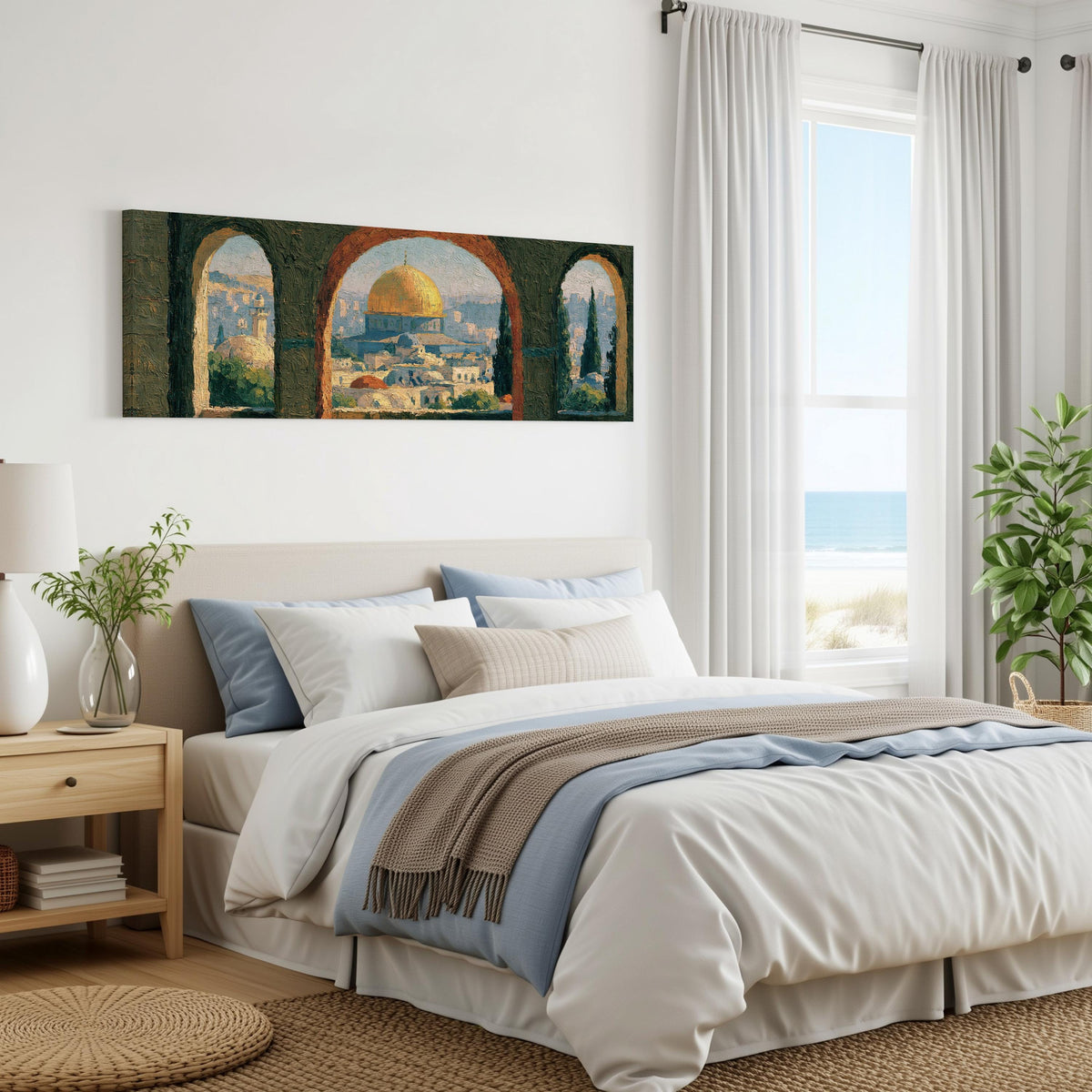 Dome of the Rock seen through stone arches panoramic canvas print above a bed in a coastal bedroom