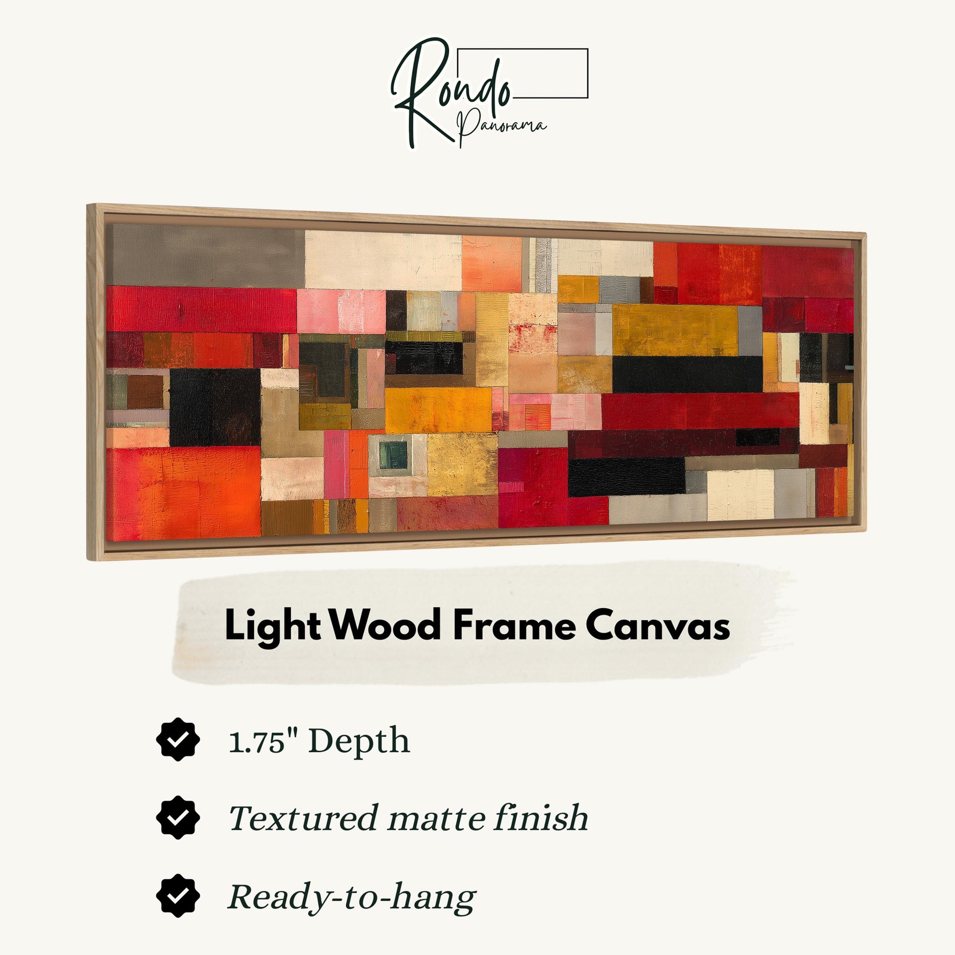 The image is a product advertisement for a light wood frame canvas. It features a large abstract painting with a variety of colors and textures, and provides information about the dimensions and finish of the canvas.