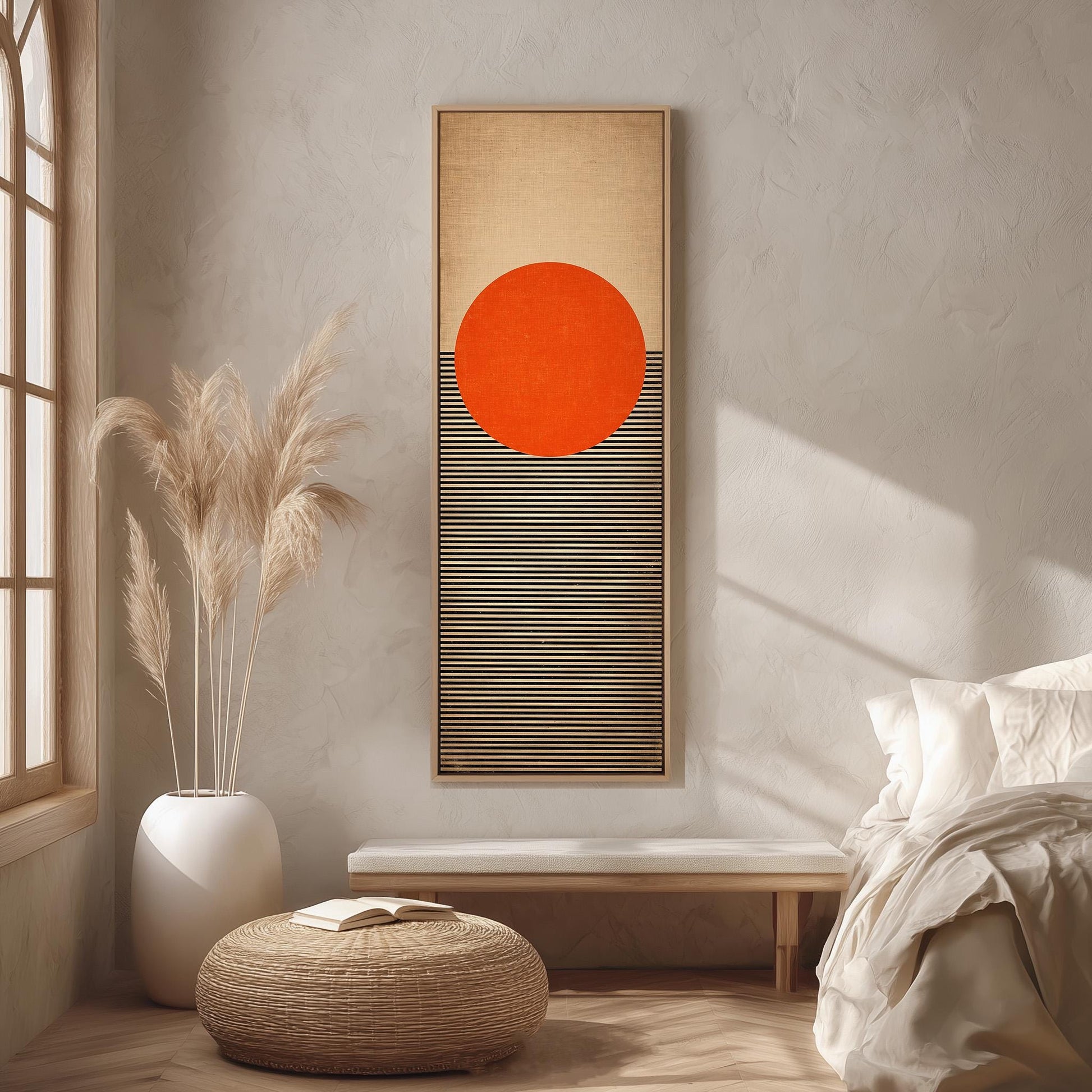 a minimalist bedroom interior with a large abstract painting featuring a red circle and black and white stripes hanging on the wall. The room has a bed, a white ottoman, and a potted plant, creating a serene and modern atmosphere.
