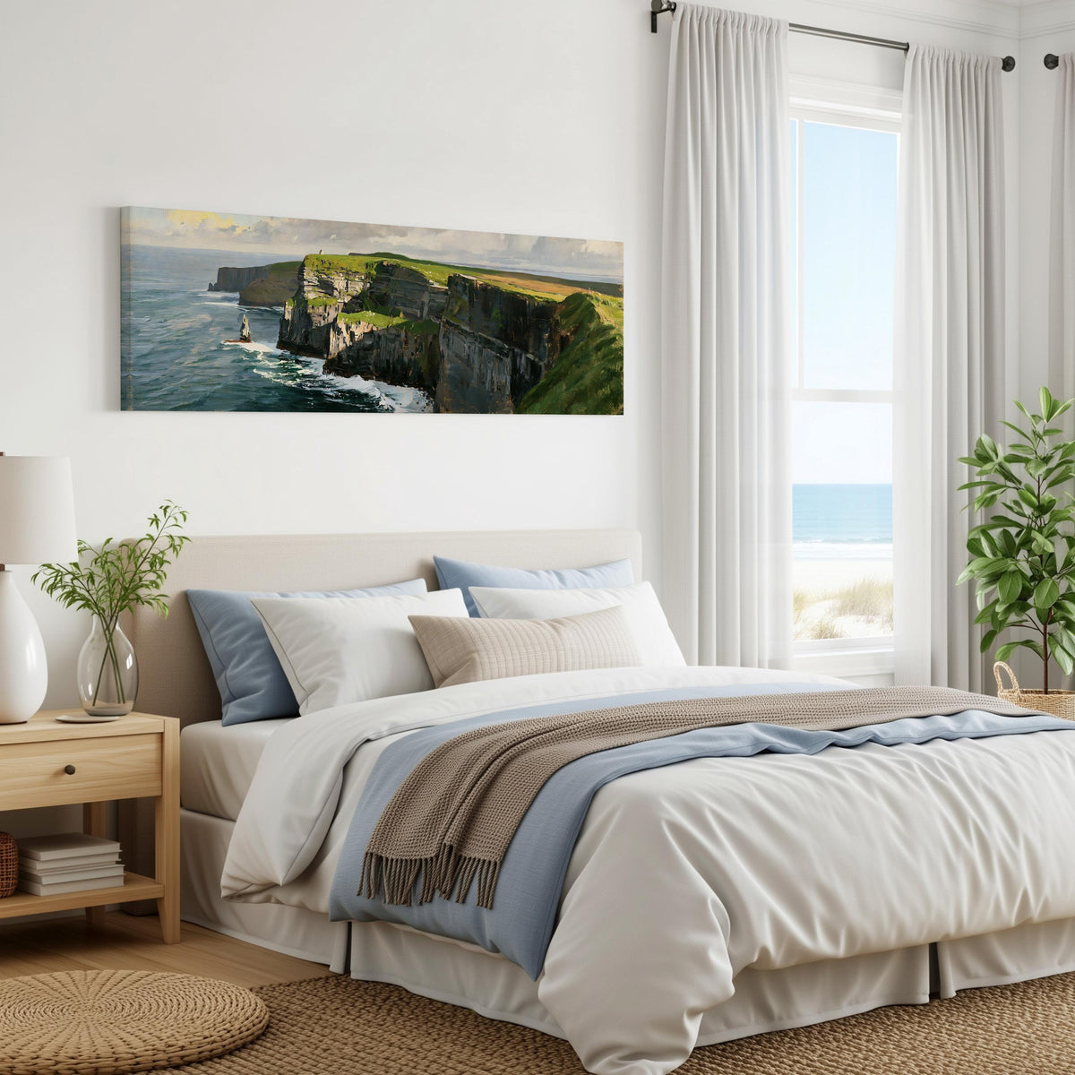 Sunlit sea cliffs with a sea stack panoramic canvas print above a bed in a coastal bedroom