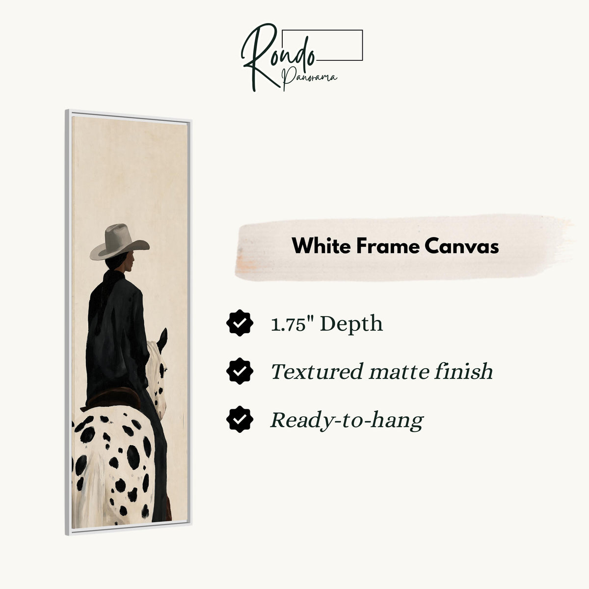 Cowgirl on a spotted appaloosa from behind canvas print in a white floating frame