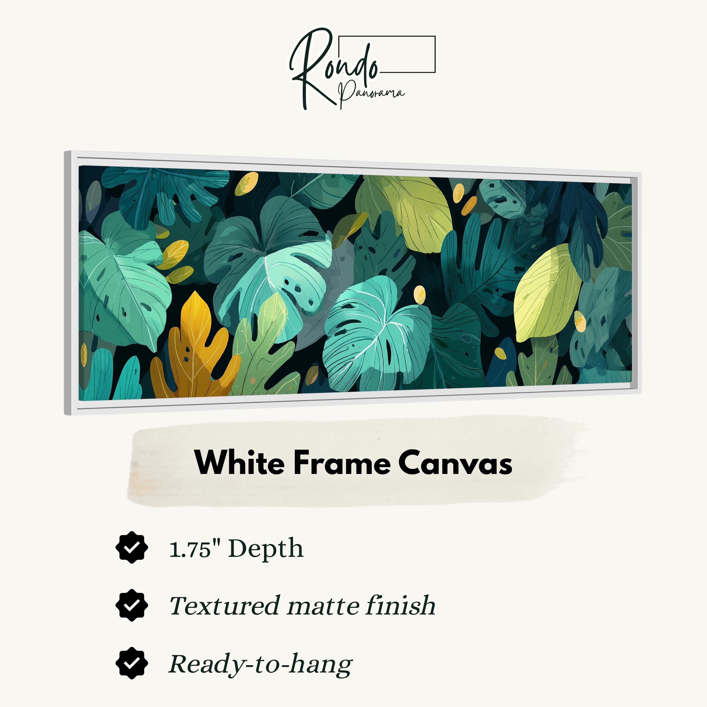 The image is a white frame canvas featuring a vibrant and lush tropical plant pattern with various shades of green, yellow, and brown leaves.