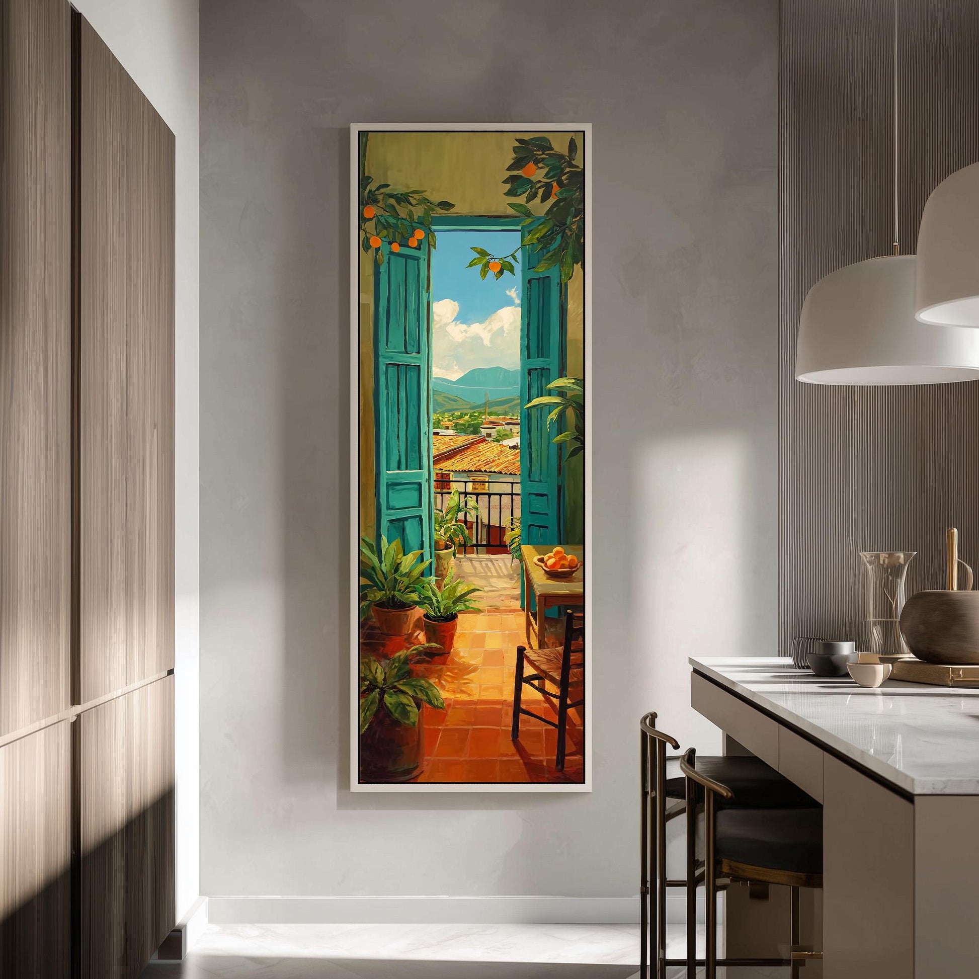 a large painting of a balcony with a view of a city, hanging on a wall in a modern kitchen.