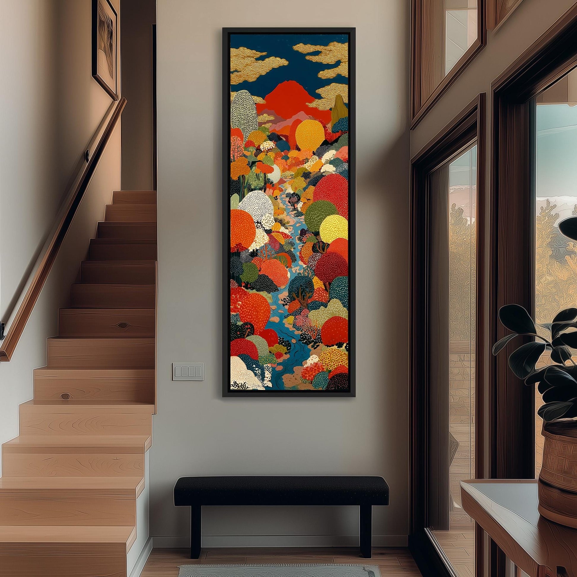 a large, colorful painting hanging on the wall of a hallway. The painting depicts a vibrant scene with various shapes and colors, creating a lively and dynamic atmosphere. The hallway is well-lit, with natural light coming in through the windows, and a bench is placed in the foreground. The overall scene conveys a sense of energy and movement, with the painting serving as a focal point in the space.