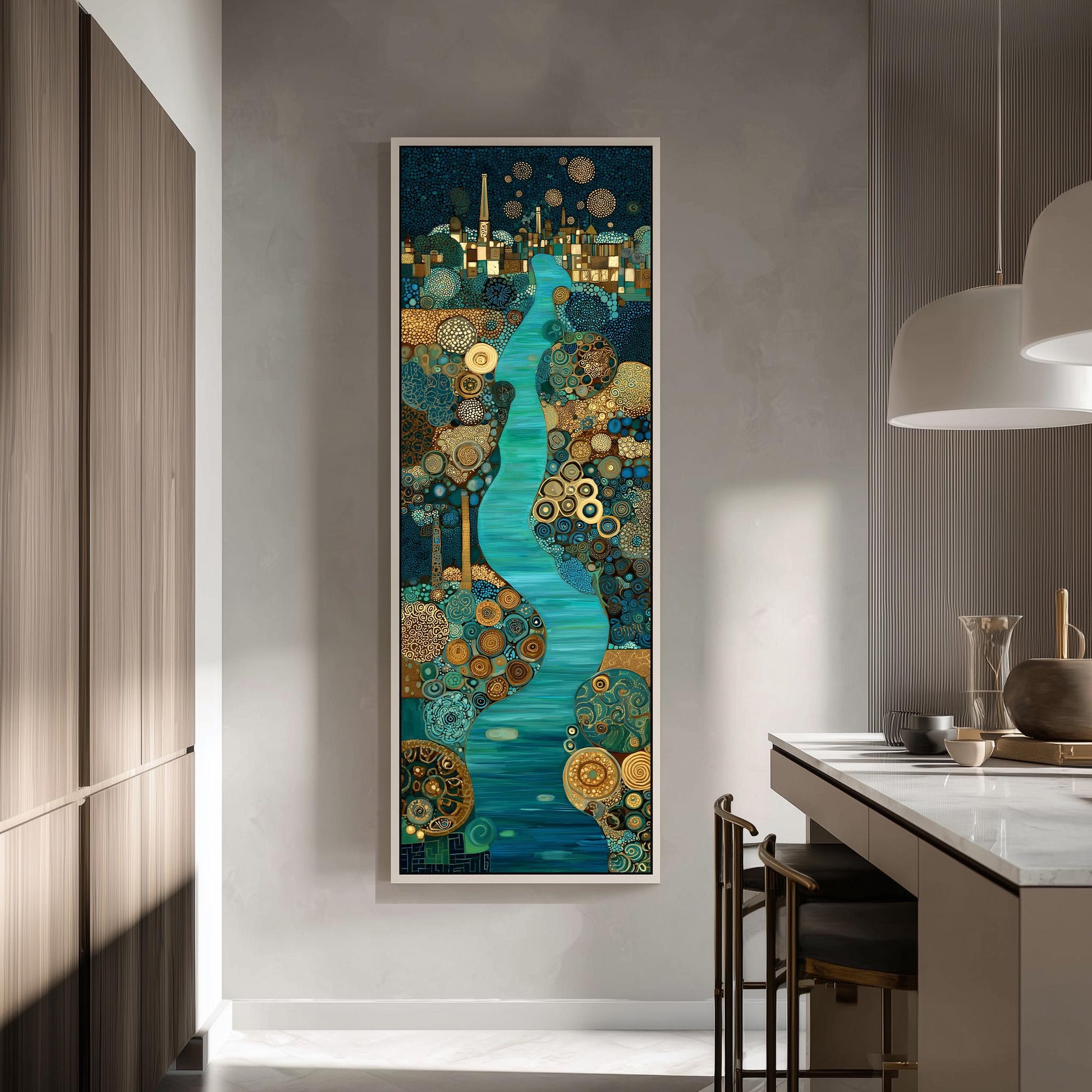 a large, colorful painting of a cityscape hanging on a wall in a modern, minimalist kitchen.